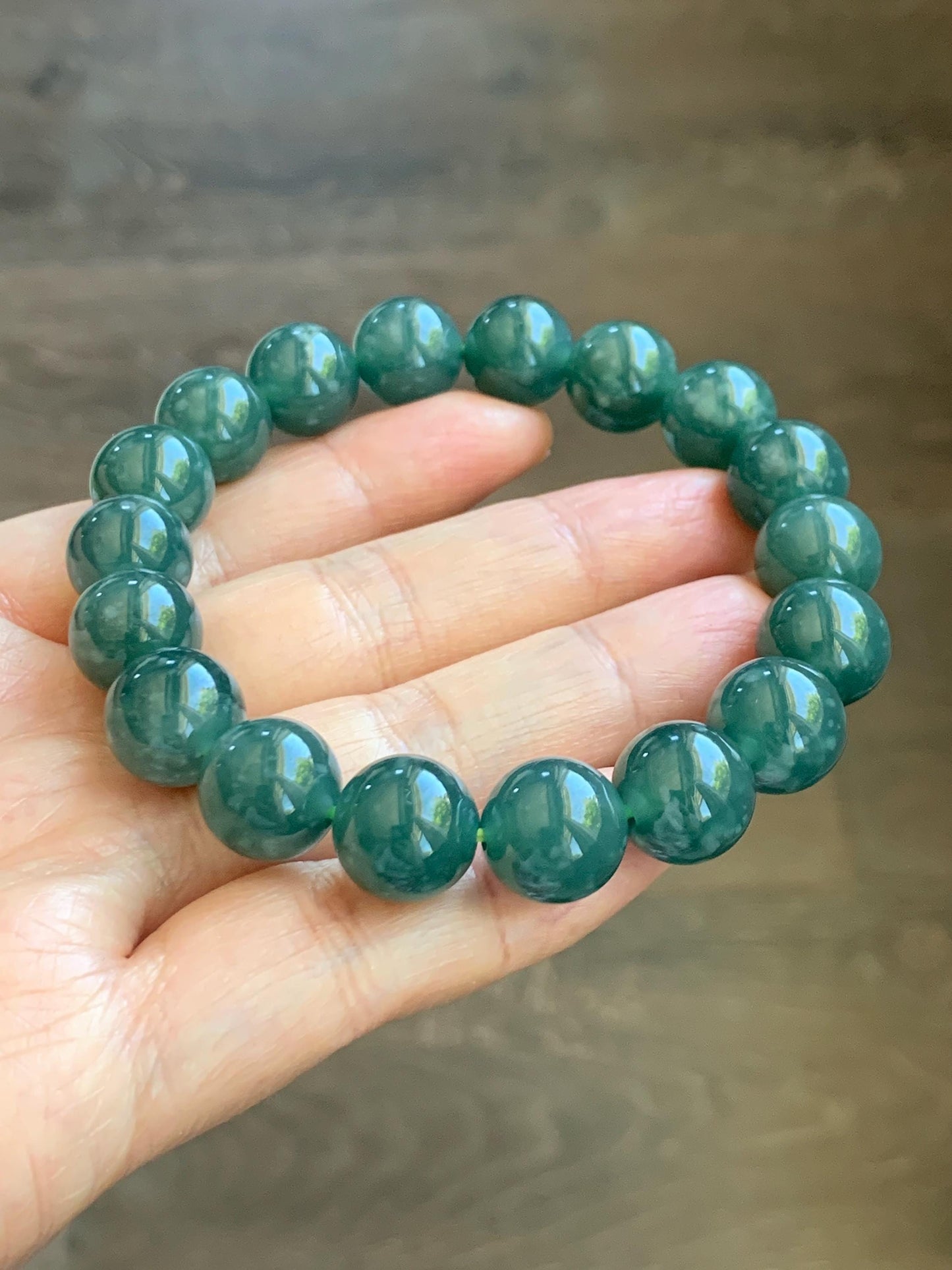 Natural Guatemalan Grade A Icy Translucent Dark Teal Green Jade Jadeite Beaded Bracelet Stretchy 11.7mm 8” 49g 天然冰危老种深蓝绿翡翠圆珠手串 WDL580