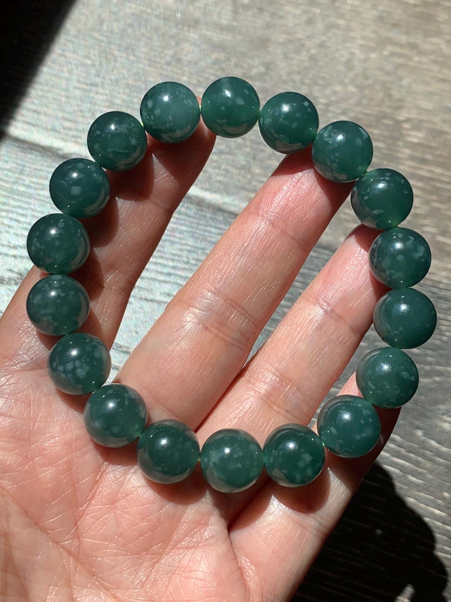Natural Guatemalan Grade A Icy Translucent Dark Teal Green Jade Jadeite Beaded Bracelet Stretchy 11.7mm 8” 49g 天然冰危老种深蓝绿翡翠圆珠手串 WDL580