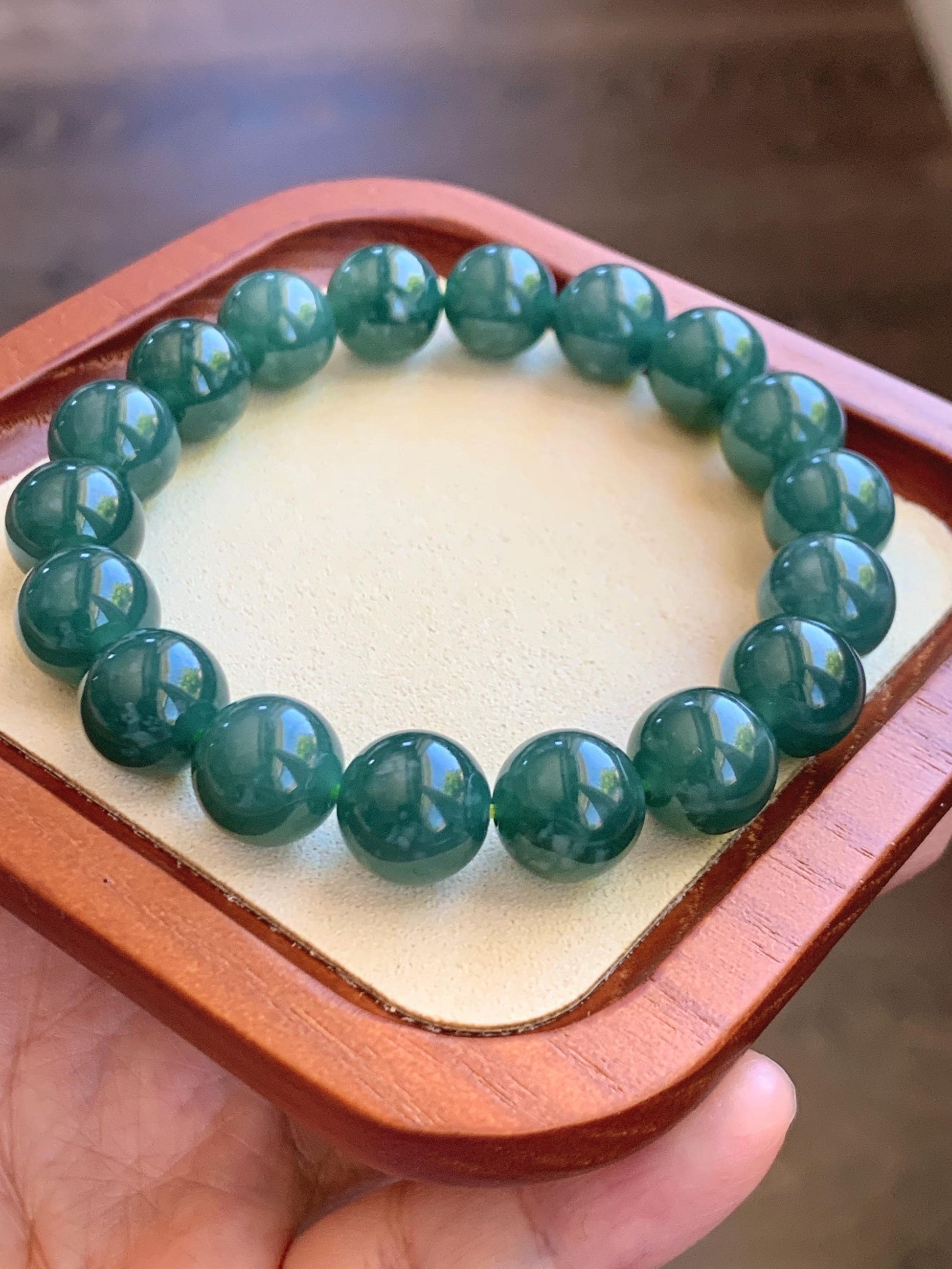 Natural Guatemalan Grade A Icy Translucent Dark Teal Green Jade Jadeite Beaded Bracelet Stretchy 11.7mm 8” 49g 天然冰危老种深蓝绿翡翠圆珠手串 WDL580