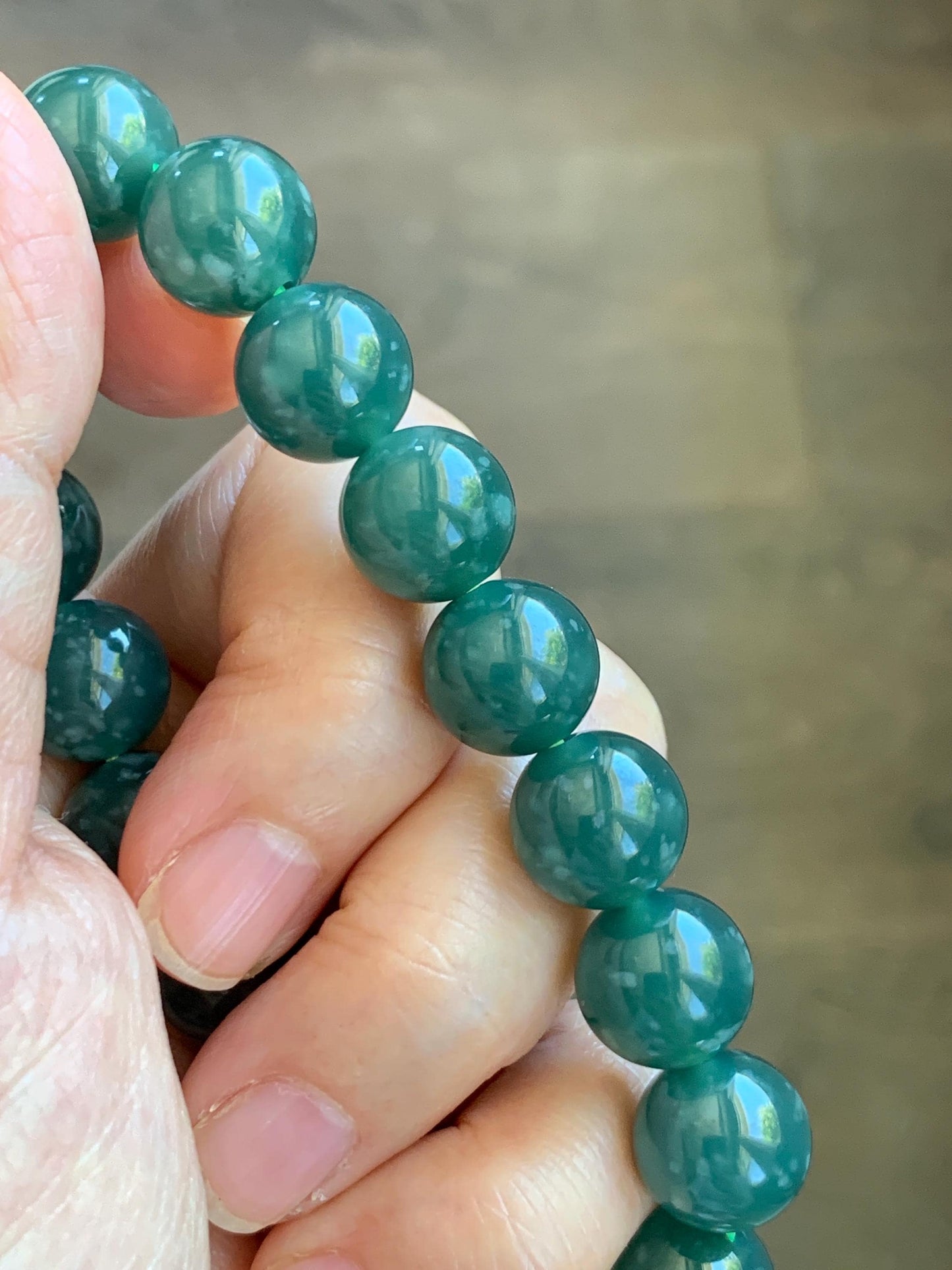 Natural Guatemalan Grade A Icy Translucent Dark Teal Green Jade Jadeite Beaded Bracelet Stretchy 11.7mm 8” 49g 天然冰危老种深蓝绿翡翠圆珠手串 WDL580