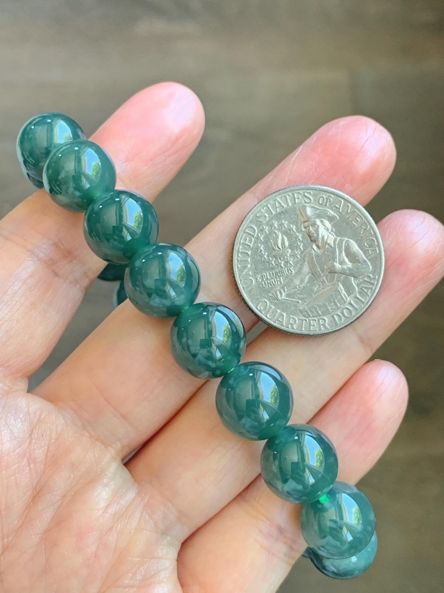 Natural Guatemalan Grade A Icy Translucent Dark Teal Green Jade Jadeite Beaded Bracelet Stretchy 11.7mm 8” 49g 天然冰危老种深蓝绿翡翠圆珠手串 WDL580
