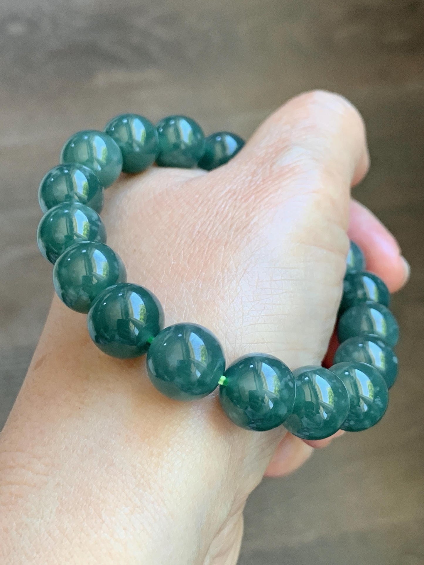 Natural Guatemalan Grade A Icy Translucent Dark Teal Green Jade Jadeite Beaded Bracelet Stretchy 11.7mm 8” 49g 天然冰危老种深蓝绿翡翠圆珠手串 WDL580