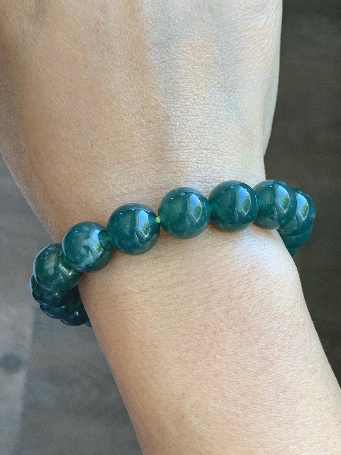 Natural Guatemalan Grade A Icy Translucent Dark Teal Green Jade Jadeite Beaded Bracelet Stretchy 11.7mm 8” 49g 天然冰危老种深蓝绿翡翠圆珠手串 WDL580