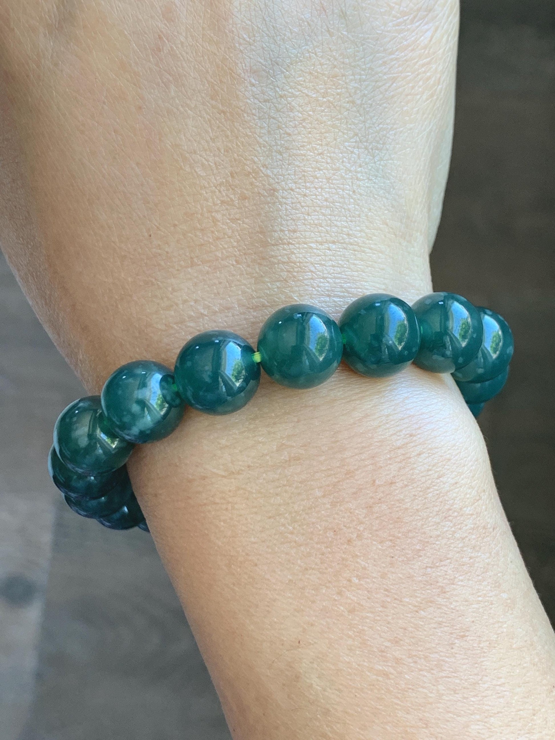 Natural Guatemalan Grade A Icy Translucent Dark Teal Green Jade Jadeite Beaded Bracelet Stretchy 11.7mm 8” 49g 天然冰危老种深蓝绿翡翠圆珠手串 WDL580