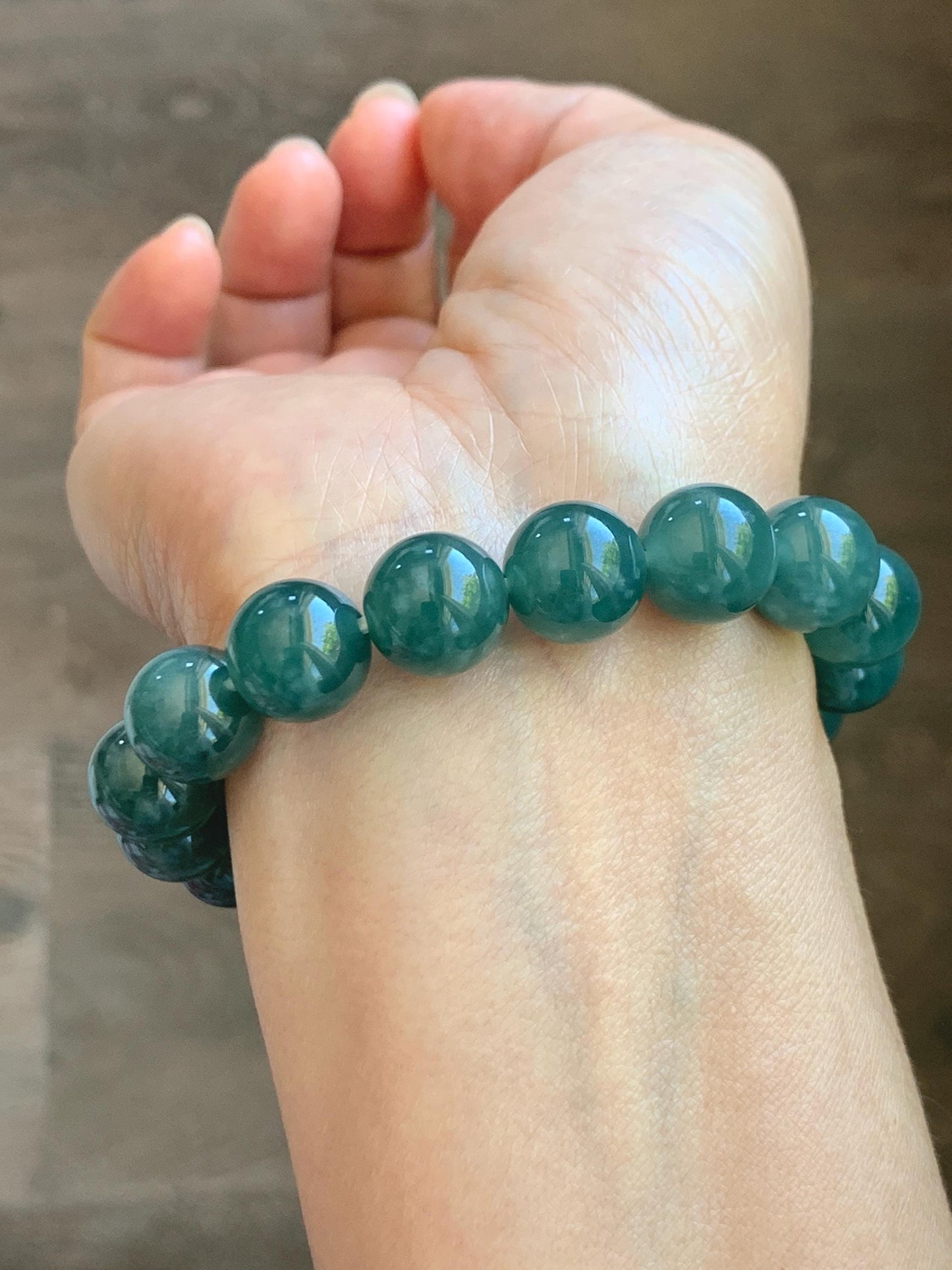 Natural Guatemalan Grade A Icy Translucent Dark Teal Green Jade Jadeite Beaded Bracelet Stretchy 11.7mm 7.5” 47g 天然冰危老种深蓝绿翡翠圆珠手串 WDB580