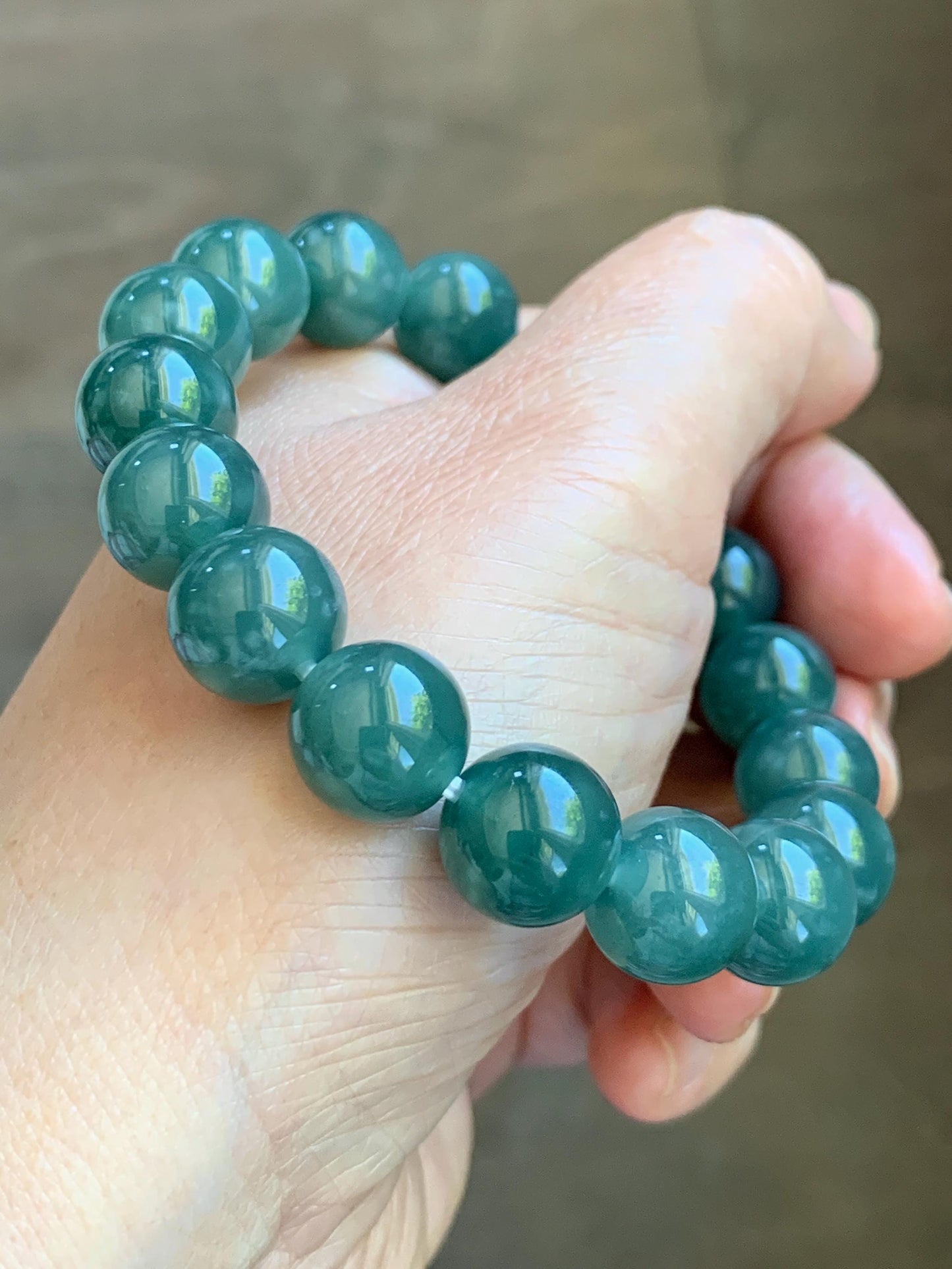 Natural Guatemalan Grade A Icy Translucent Dark Teal Green Jade Jadeite Beaded Bracelet Stretchy 11.7mm 7.5” 47g 天然冰危老种深蓝绿翡翠圆珠手串 WDB580