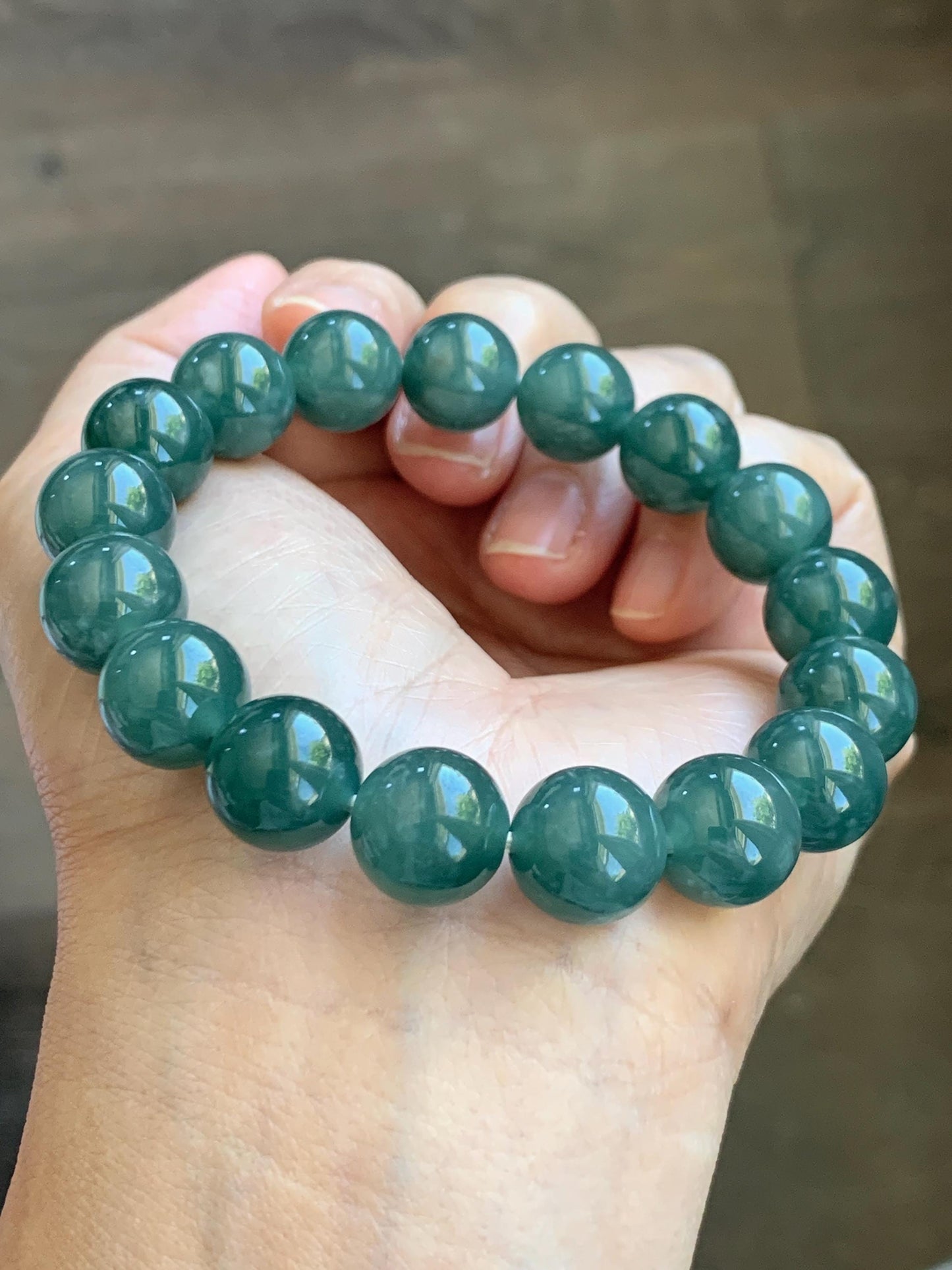 Natural Guatemalan Grade A Icy Translucent Dark Teal Green Jade Jadeite Beaded Bracelet Stretchy 11.7mm 7.5” 47g 天然冰危老种深蓝绿翡翠圆珠手串 WDB580