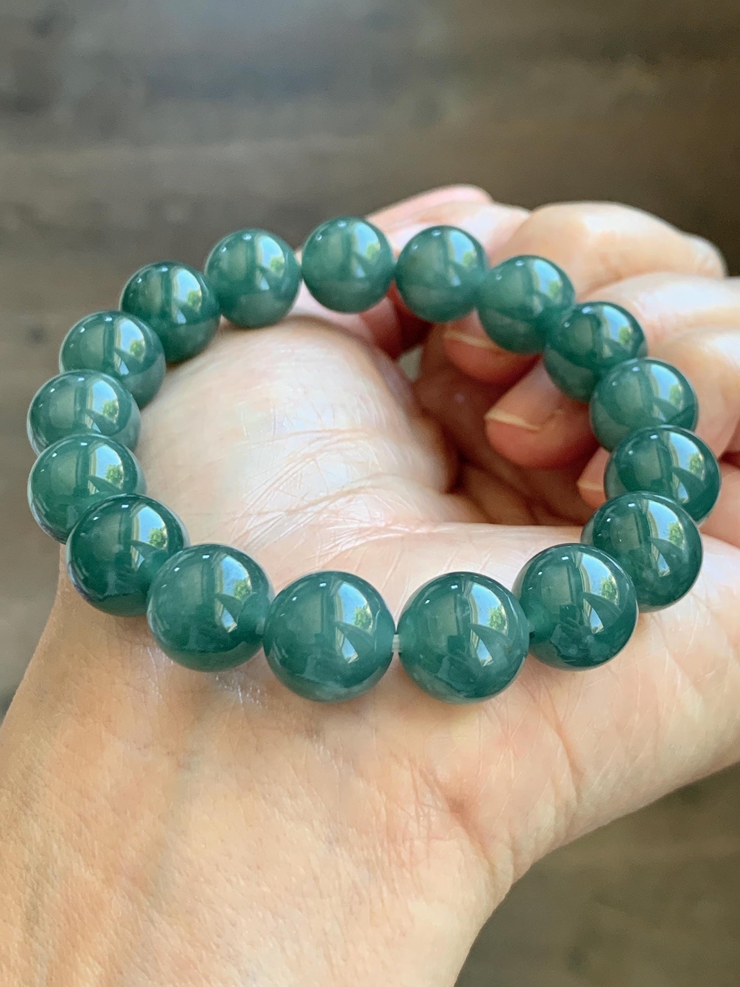 Natural Guatemalan Grade A Icy Translucent Dark Teal Green Jade Jadeite Beaded Bracelet Stretchy 11.7mm 7.5” 47g 天然冰危老种深蓝绿翡翠圆珠手串 WDB580