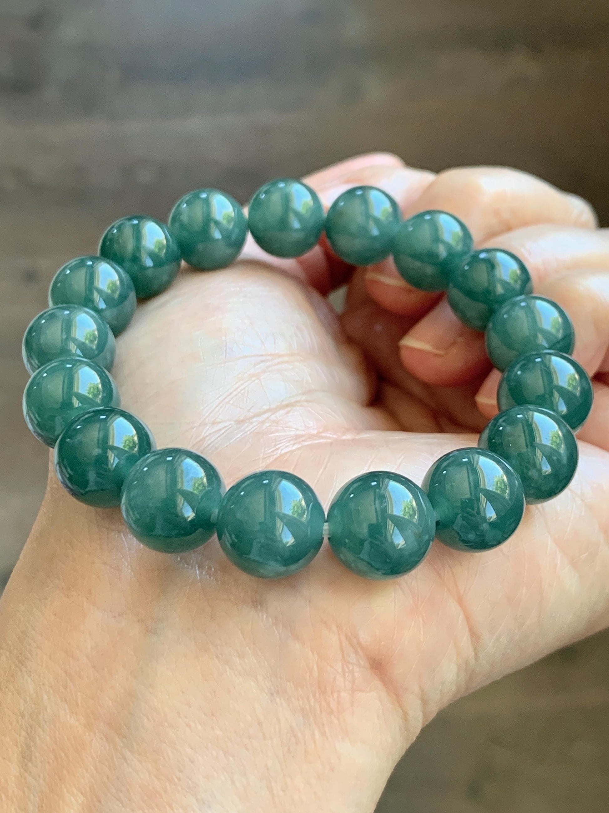 Natural Guatemalan Grade A Icy Translucent Dark Teal Green Jade Jadeite Beaded Bracelet Stretchy 11.7mm 7.5” 47g 天然冰危老种深蓝绿翡翠圆珠手串 WDB580