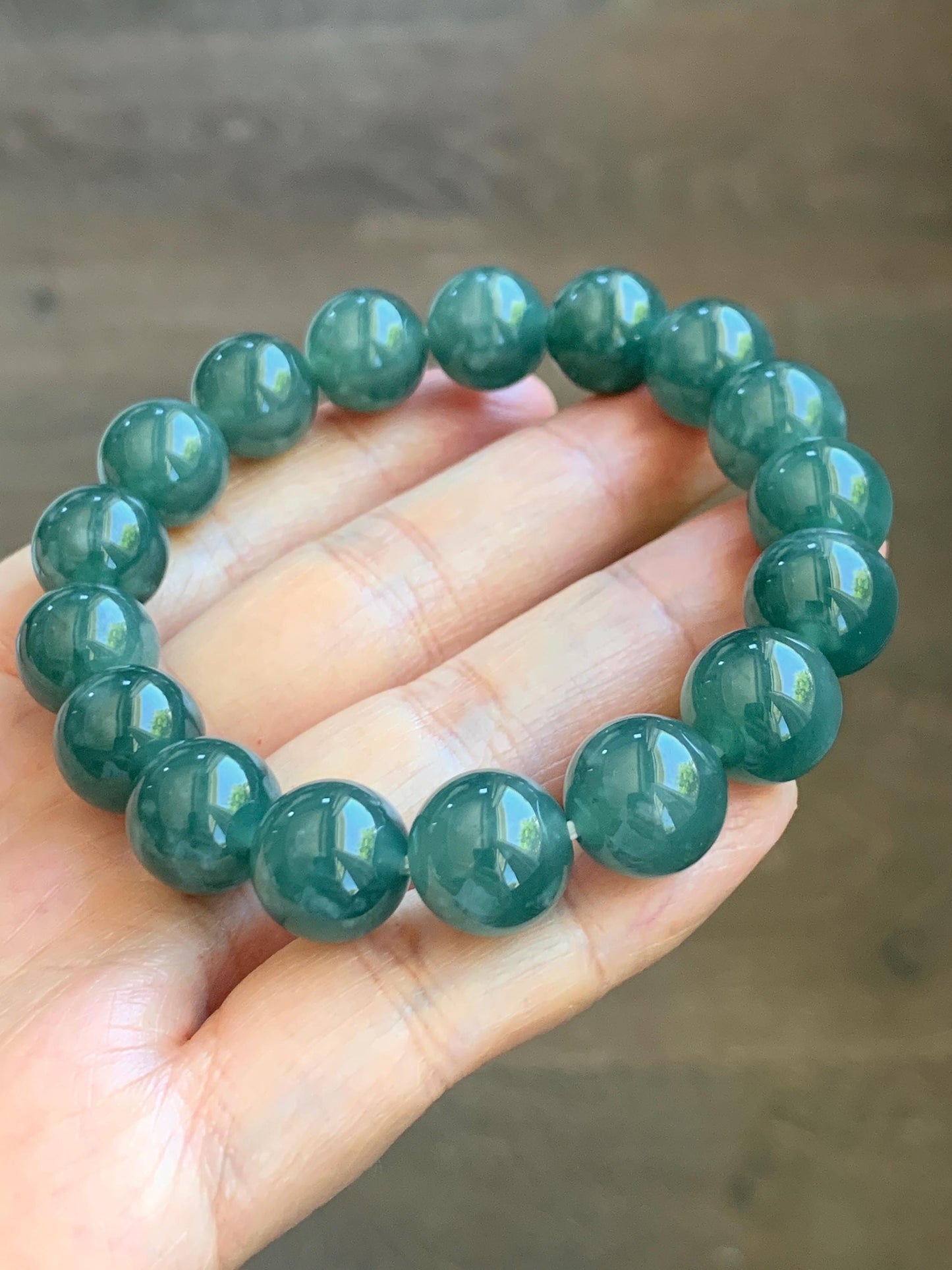 Natural Guatemalan Grade A Icy Translucent Dark Teal Green Jade Jadeite Beaded Bracelet Stretchy 11.7mm 7.5” 47g 天然冰危老种深蓝绿翡翠圆珠手串 WDB580