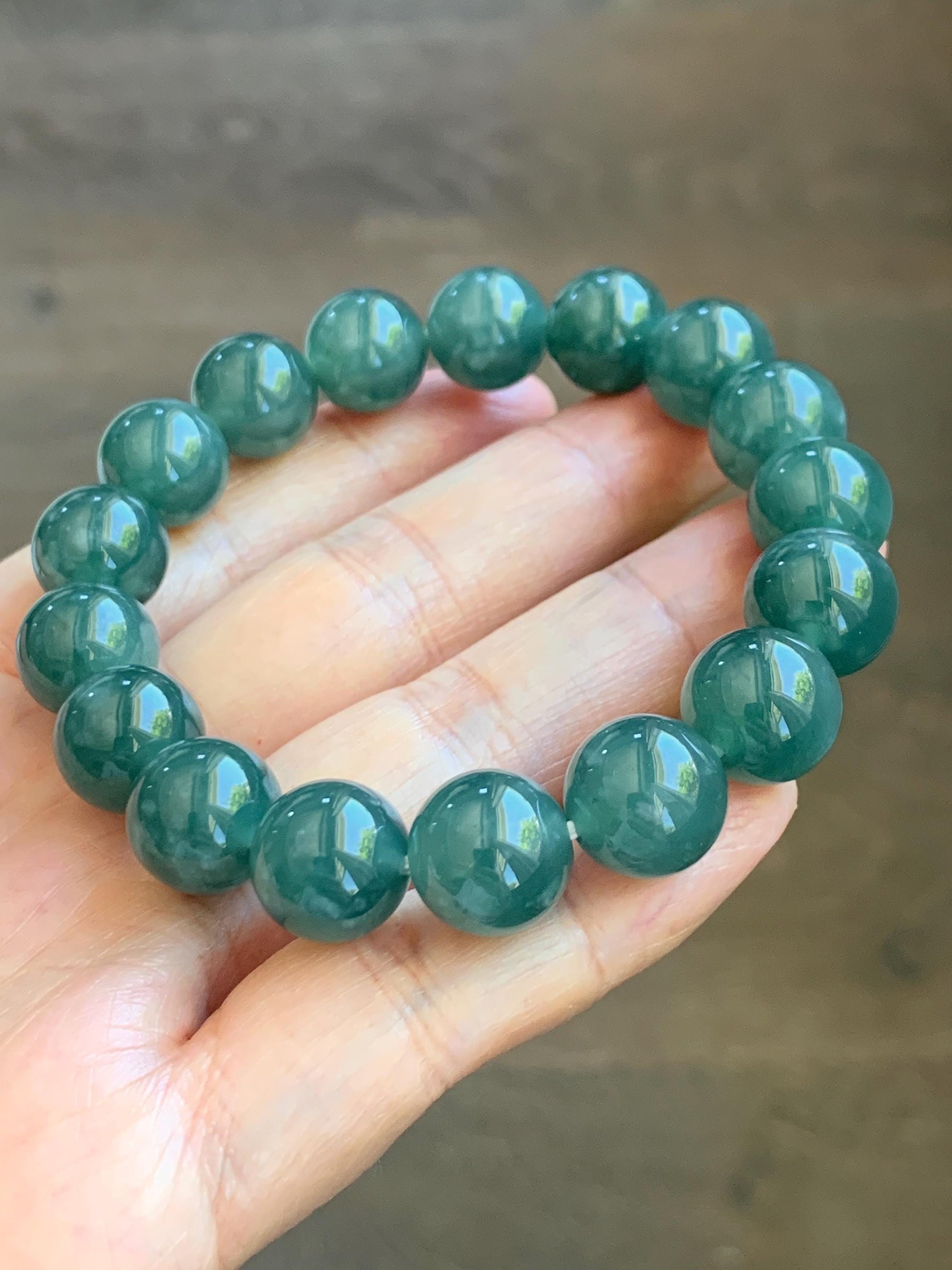 Natural Guatemalan Grade A Icy Translucent Dark Teal Green Jade Jadeite Beaded Bracelet Stretchy 11.7mm 7.5” 47g 天然冰危老种深蓝绿翡翠圆珠手串 WDB580