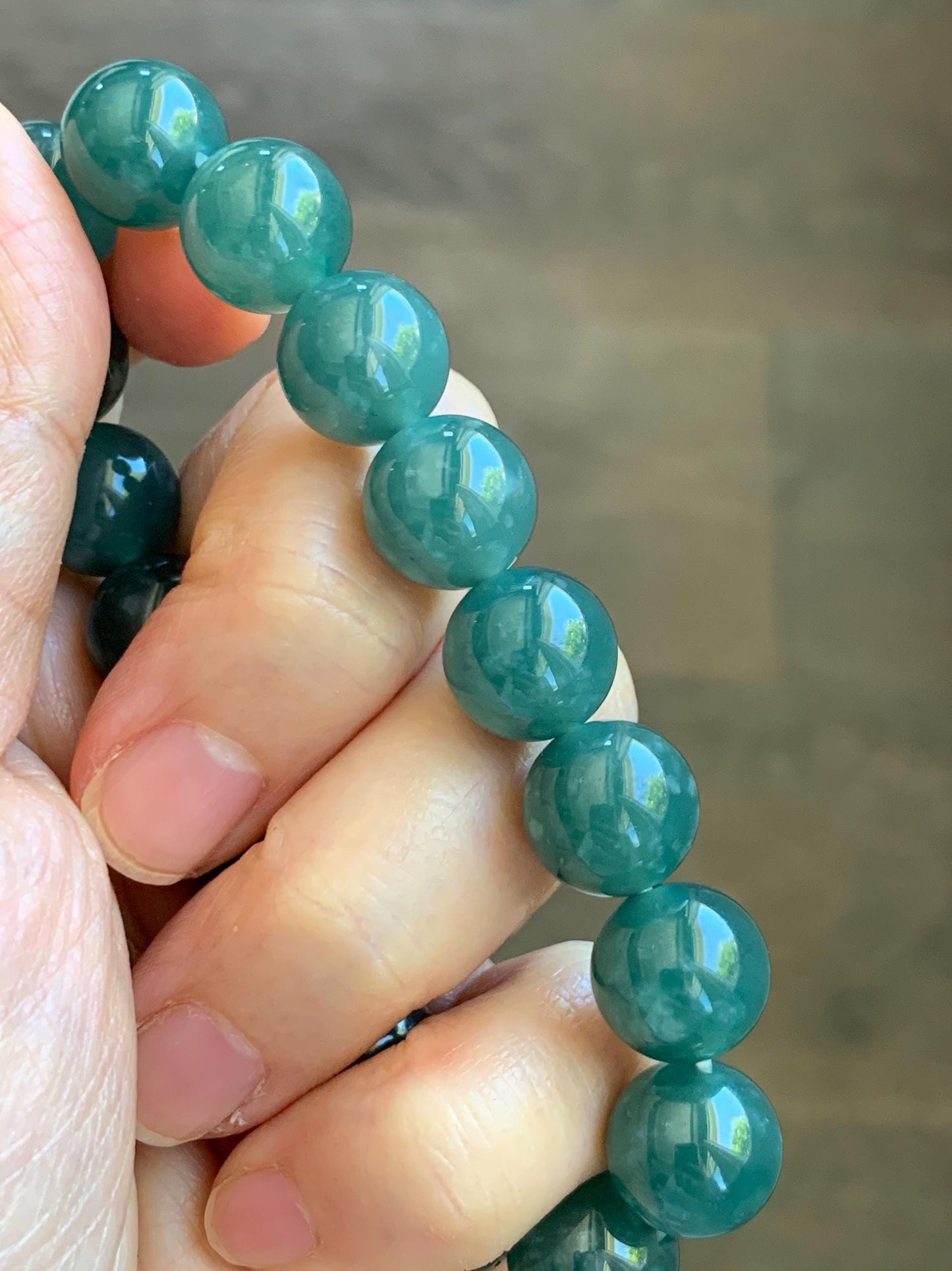 Natural Guatemalan Grade A Icy Translucent Dark Teal Green Jade Jadeite Beaded Bracelet Stretchy 11.7mm 7.5” 47g 天然冰危老种深蓝绿翡翠圆珠手串 WDB580