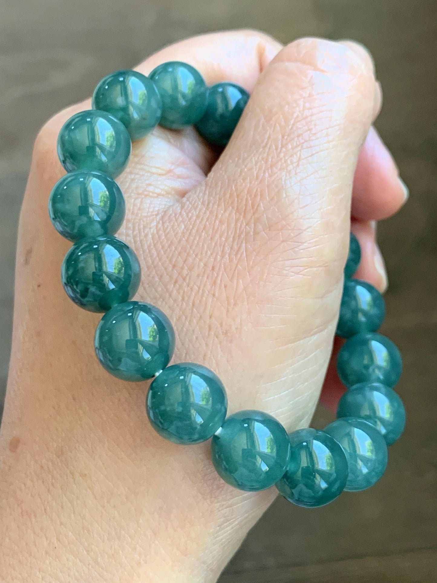 Natural Guatemalan Grade A Icy Translucent Dark Teal Green Jade Jadeite Beaded Bracelet Stretchy 11.7mm 7.5” 47g 天然冰危老种深蓝绿翡翠圆珠手串 WDB580