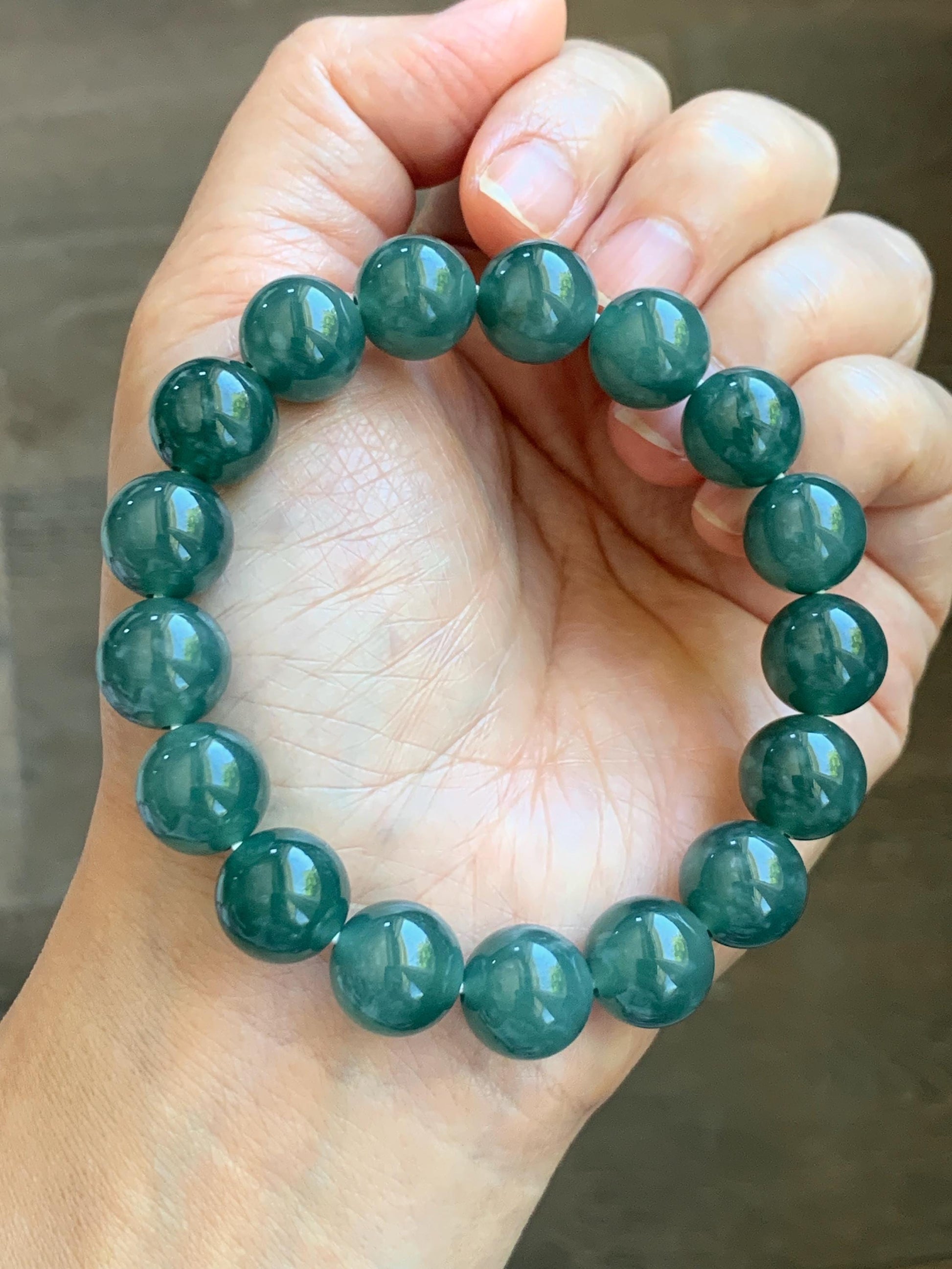 Natural Guatemalan Grade A Icy Translucent Dark Teal Green Jade Jadeite Beaded Bracelet Stretchy 11.7mm 7.5” 47g 天然冰危老种深蓝绿翡翠圆珠手串 WDB580