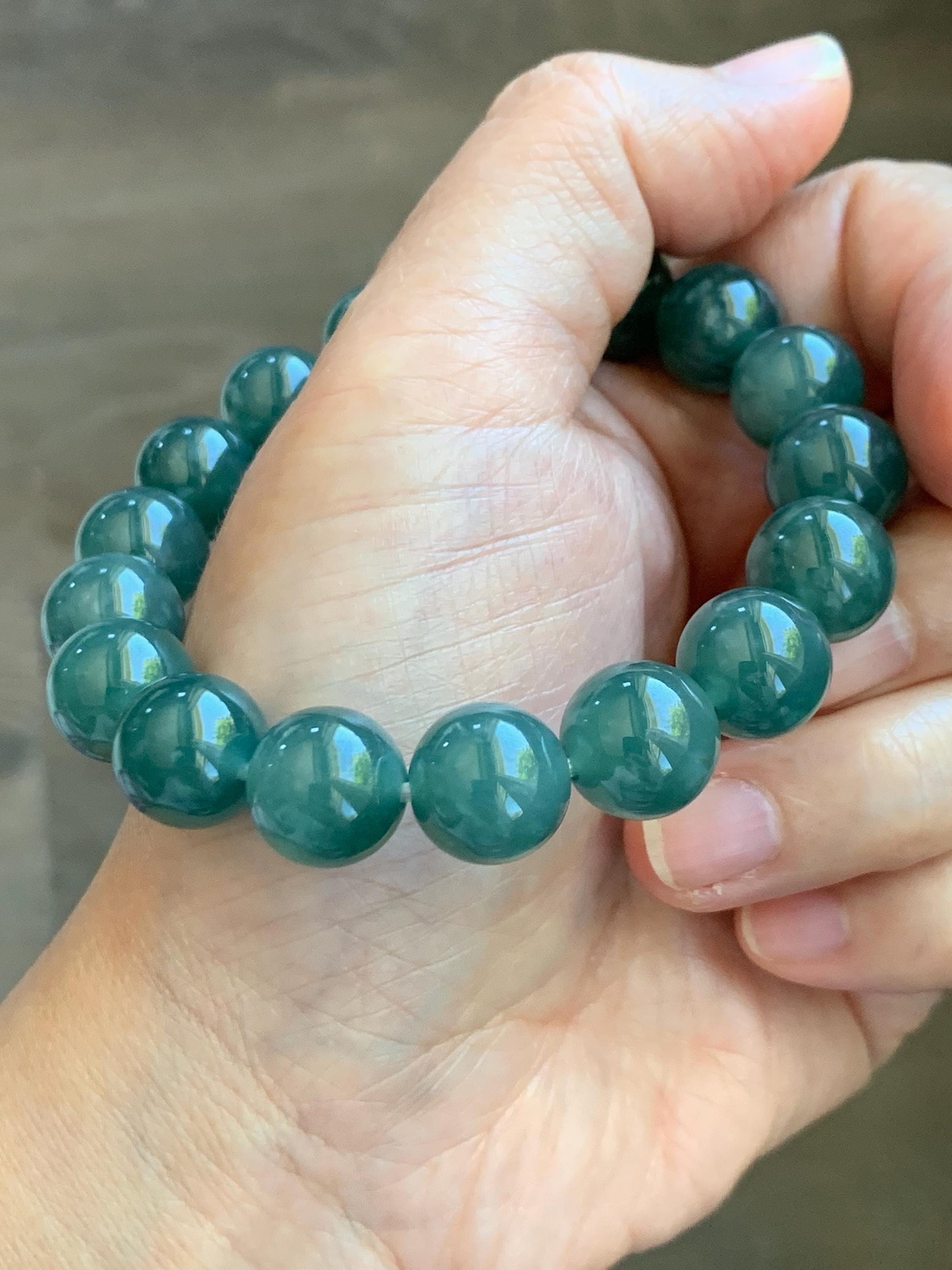 Natural Guatemalan Grade A Icy Translucent Dark Teal Green Jade Jadeite Beaded Bracelet Stretchy 11.7mm 7.5” 47g 天然冰危老种深蓝绿翡翠圆珠手串 WDB580
