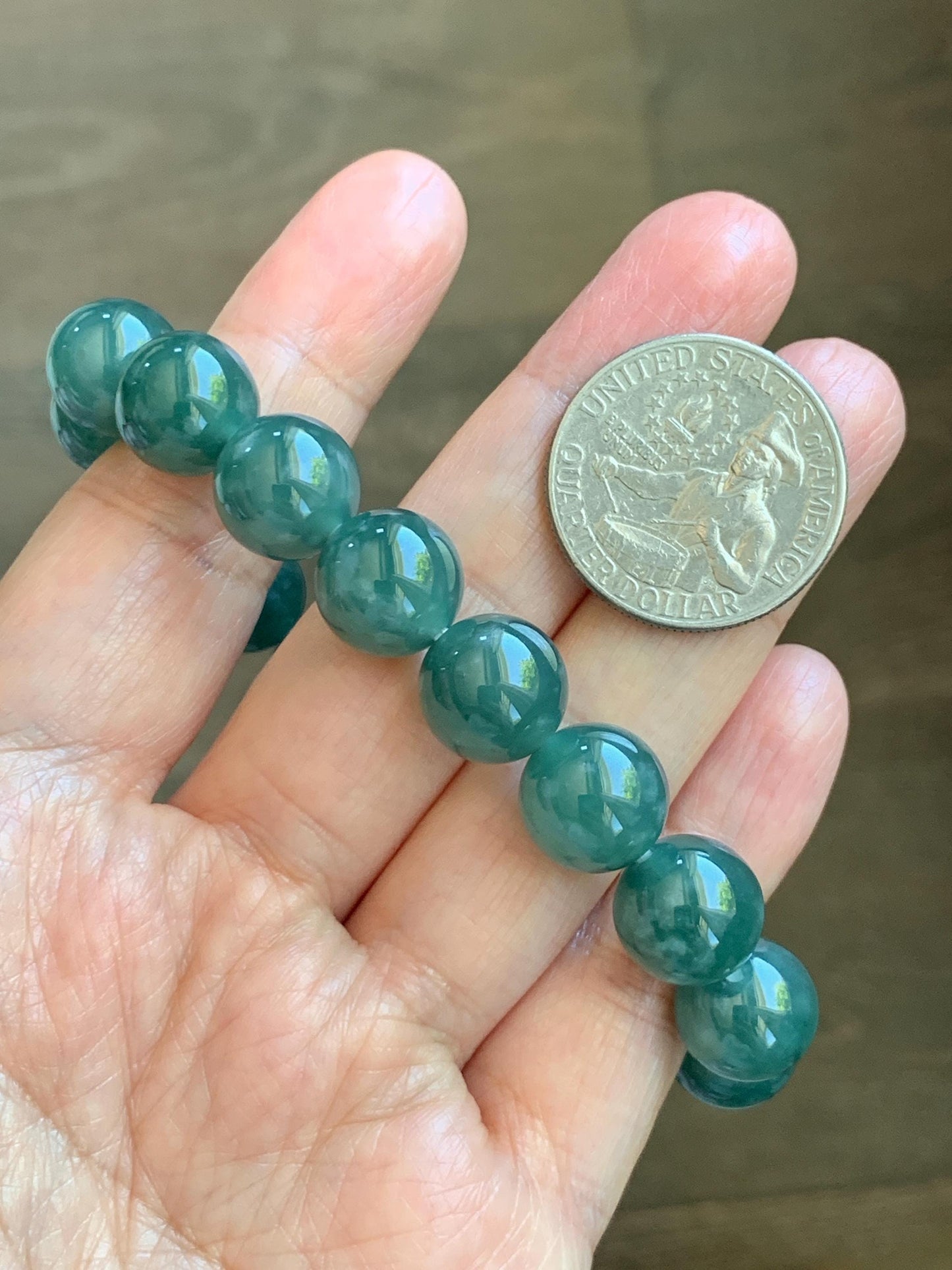 Natural Guatemalan Grade A Icy Translucent Dark Teal Green Jade Jadeite Beaded Bracelet Stretchy 11.7mm 7.5” 47g 天然冰危老种深蓝绿翡翠圆珠手串 WDB580