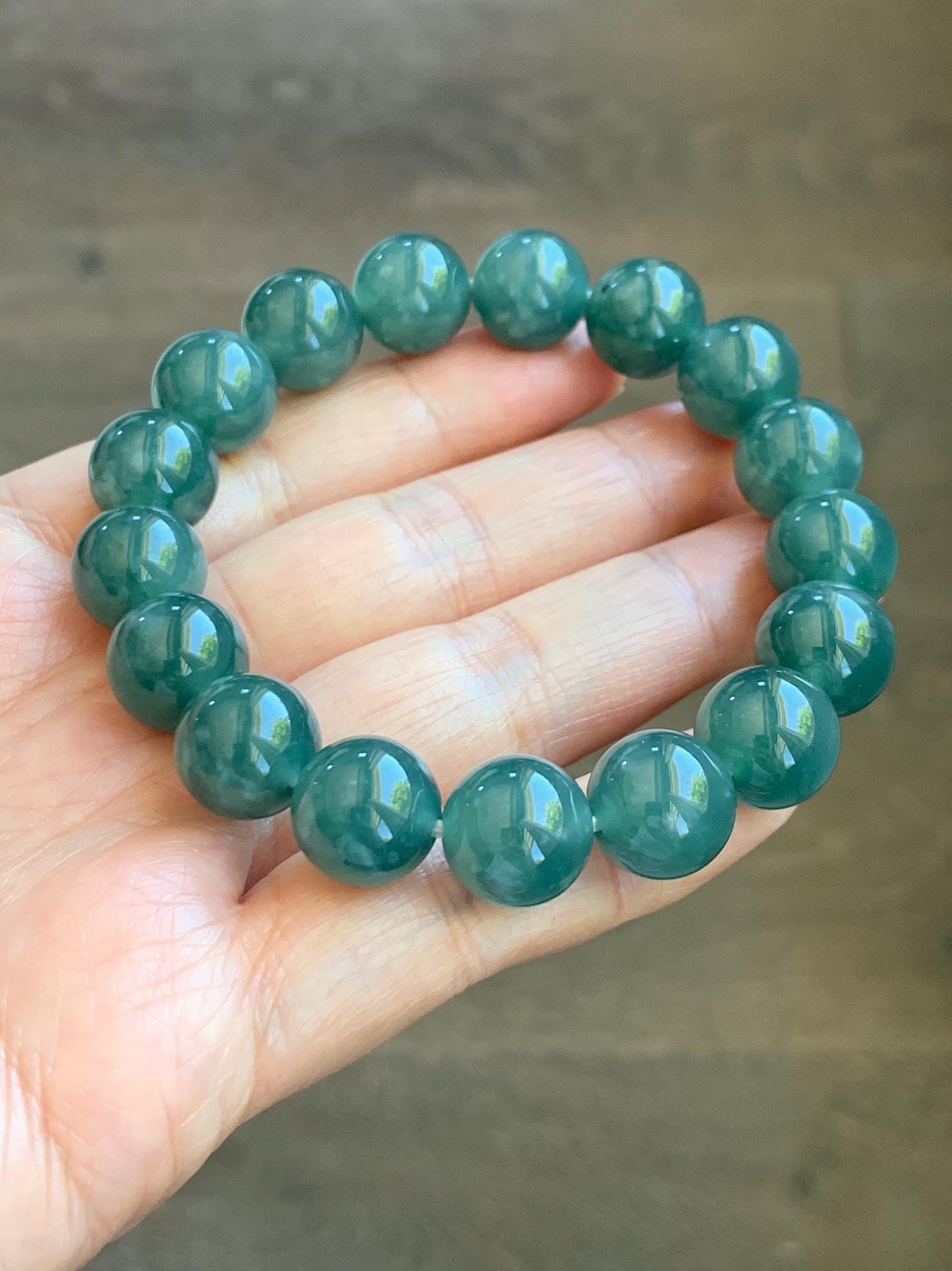 Natural Guatemalan Grade A Icy Translucent Dark Teal Green Jade Jadeite Beaded Bracelet Stretchy 11.7mm 7.5” 47g 天然冰危老种深蓝绿翡翠圆珠手串 WDB580