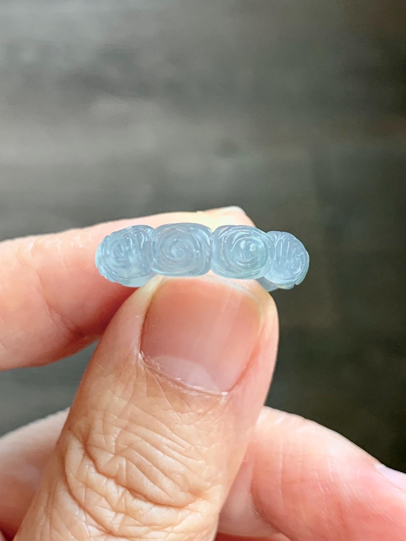 Grade A Natural Guatemalan Icy Highly Translucent Pastel Dusty Blue Jade Jadeite Carved Rose Band Ring Size 6 US 天然冰危浅蓝翡翠玫瑰花戒圈 WQM280A