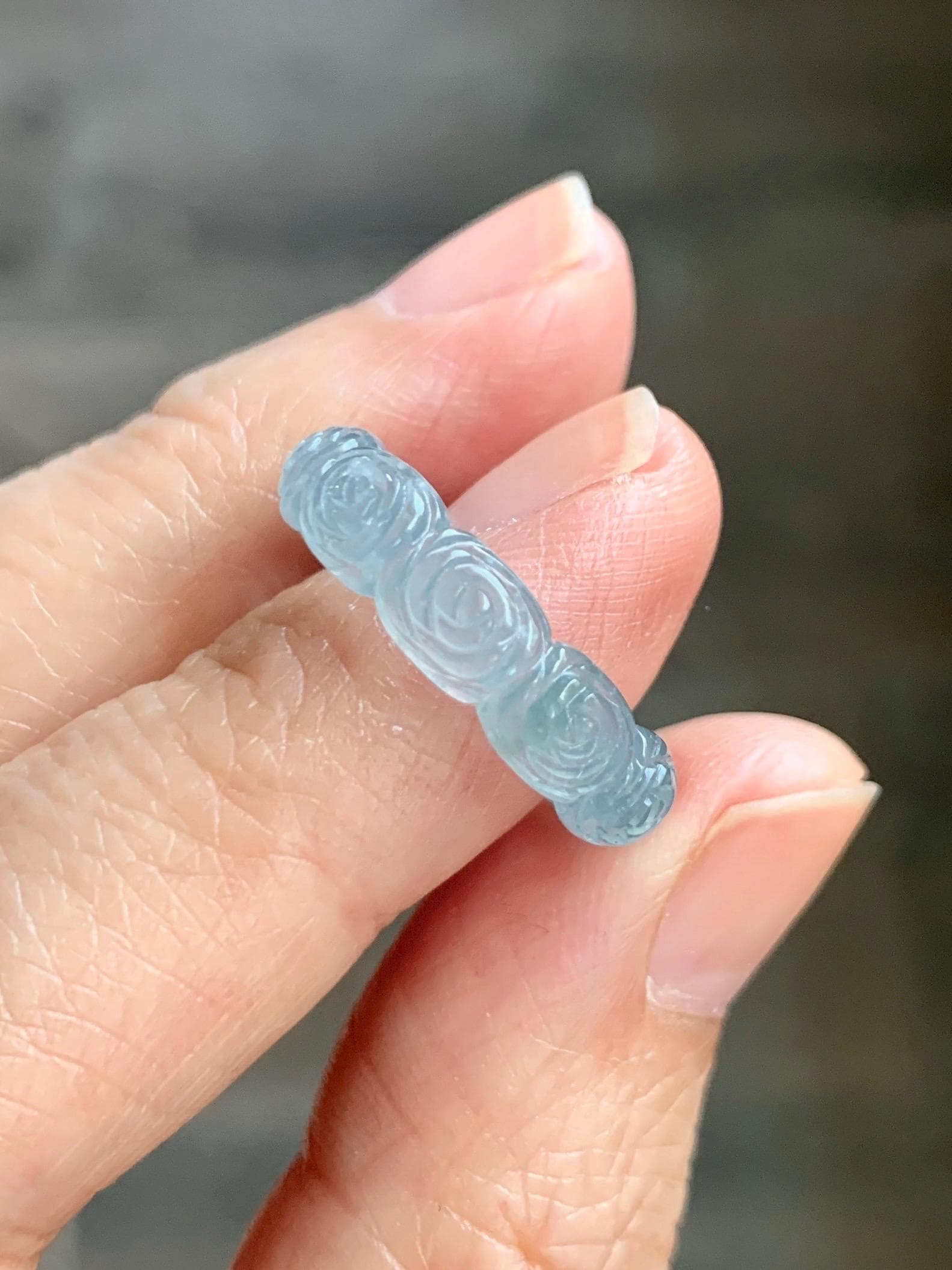 Grade A Natural Guatemalan Icy Highly Translucent Pastel Dusty Blue Jade Jadeite Carved Rose Band Ring Size 6 US 天然冰危浅蓝翡翠玫瑰花戒圈 WQM280A