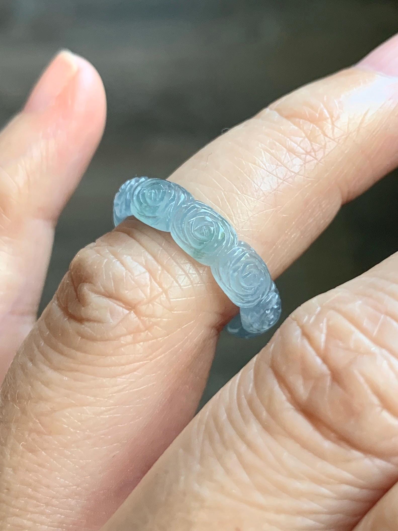 Grade A Natural Guatemalan Icy Highly Translucent Pastel Dusty Blue Jade Jadeite Carved Rose Band Ring Size 6 US 天然冰危浅蓝翡翠玫瑰花戒圈 WQM280A