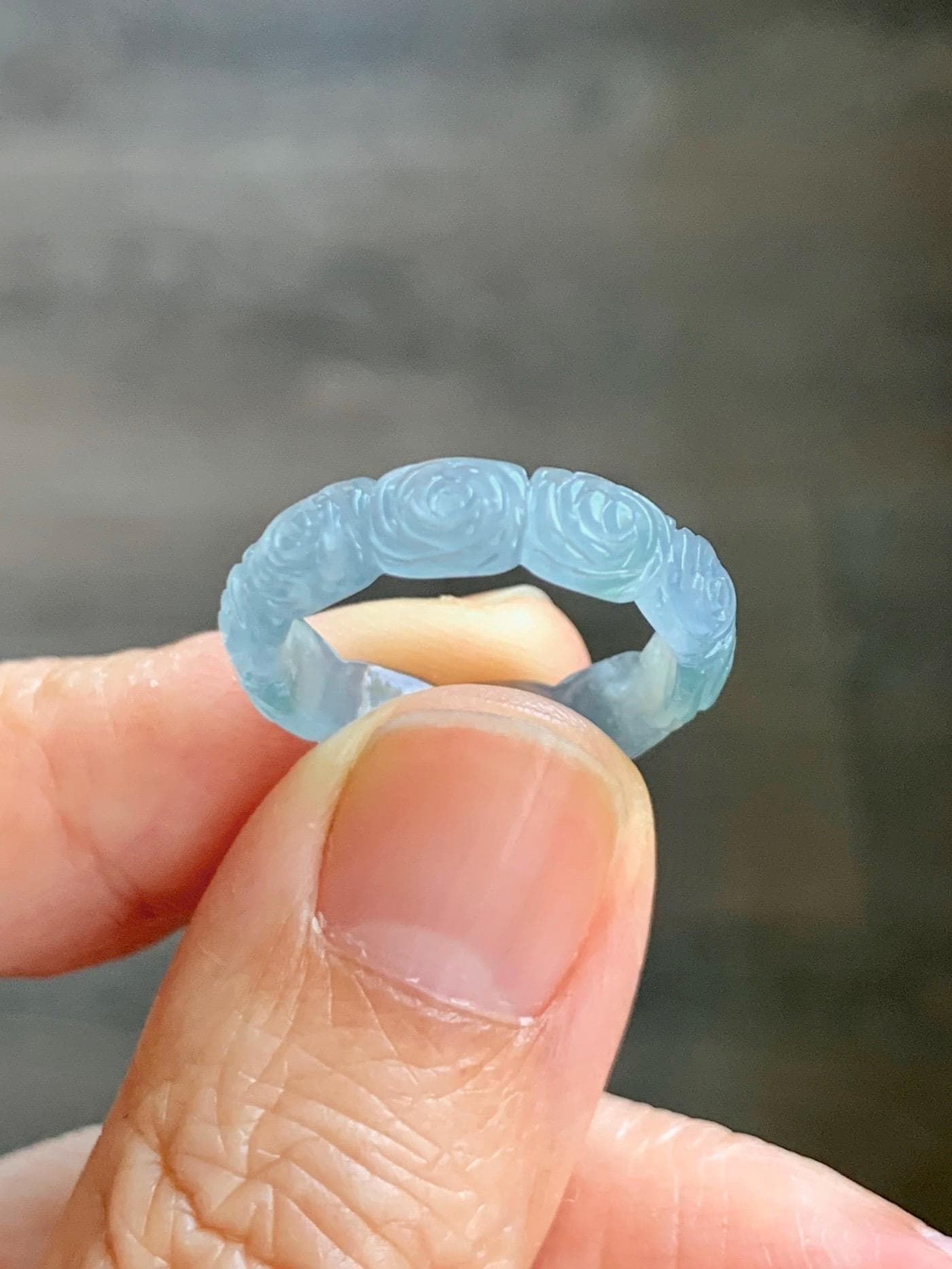 Grade A Natural Guatemalan Icy Highly Translucent Pastel Dusty Blue Jade Jadeite Carved Rose Band Ring Size 6 US 天然冰危浅蓝翡翠玫瑰花戒圈 WQM280A
