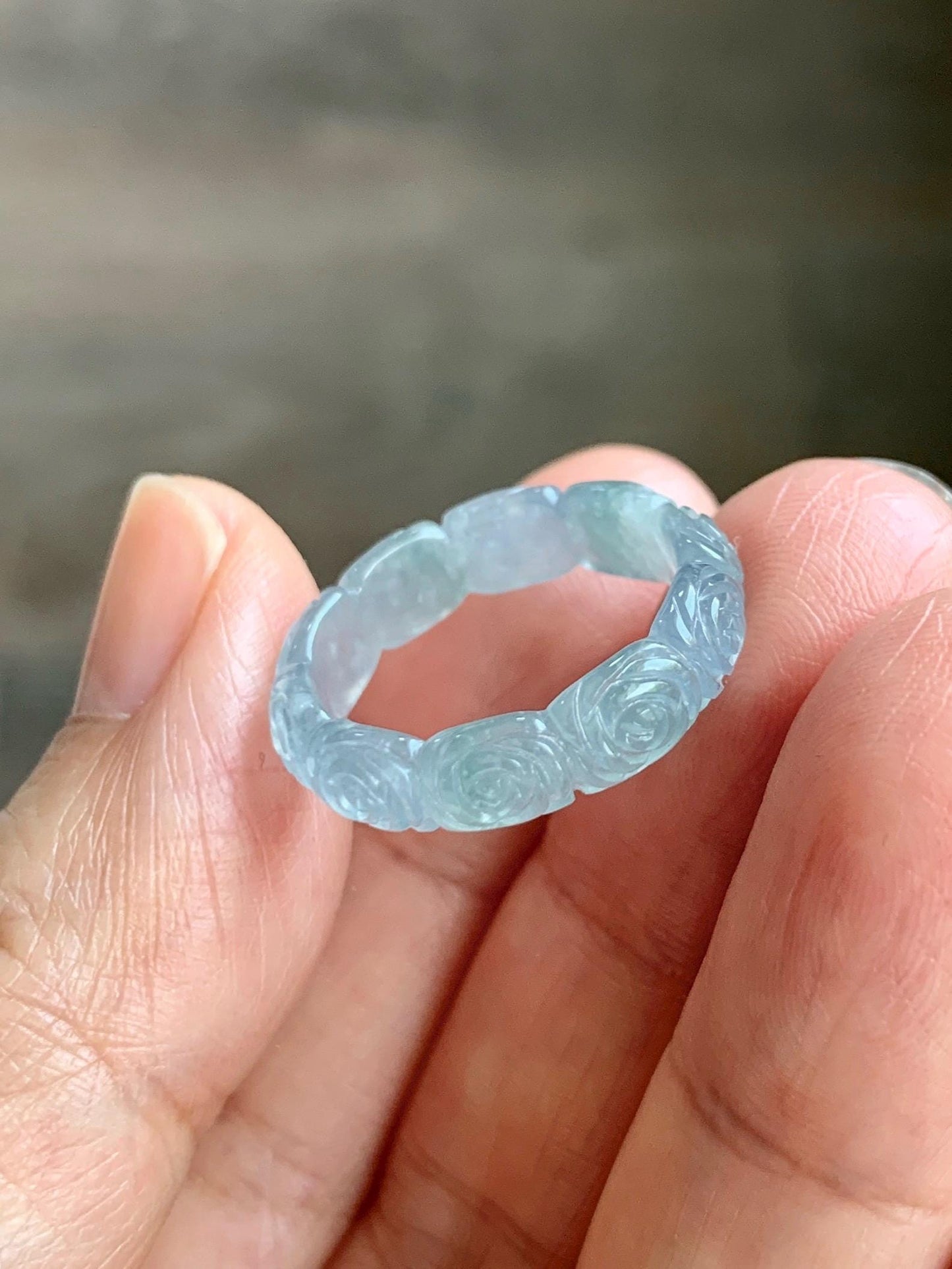 Grade A Natural Guatemalan Icy Highly Translucent Pastel Dusty Blue Jade Jadeite Carved Rose Band Ring Size 6 US 天然冰危浅蓝翡翠玫瑰花戒圈 WQM280A