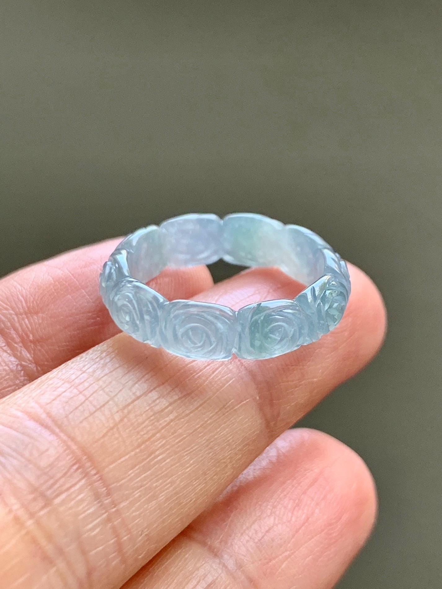Grade A Natural Guatemalan Icy Highly Translucent Pastel Dusty Blue Jade Jadeite Carved Rose Band Ring Size 6 US 天然冰危浅蓝翡翠玫瑰花戒圈 WQM280A