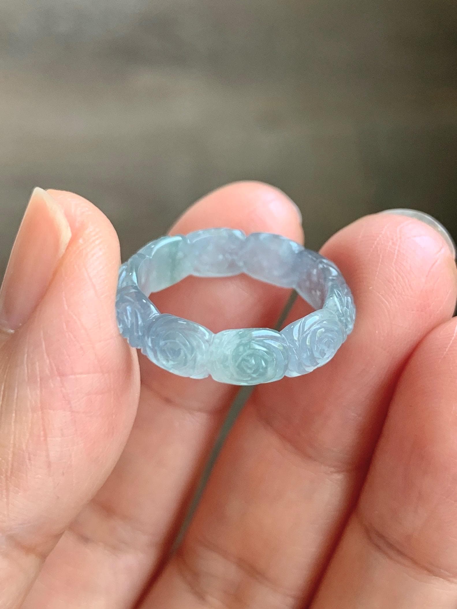 Grade A Natural Guatemalan Icy Highly Translucent Pastel Dusty Blue Jade Jadeite Carved Rose Band Ring Size 6 US 天然冰危浅蓝翡翠玫瑰花戒圈 WQM280A