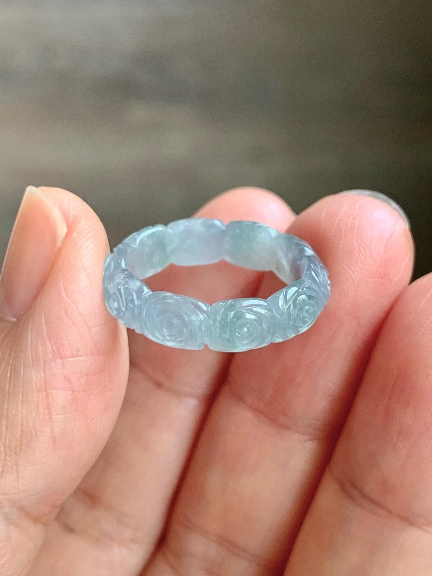 Grade A Natural Guatemalan Icy Highly Translucent Pastel Dusty Blue Jade Jadeite Carved Rose Band Ring Size 6 US 天然冰危浅蓝翡翠玫瑰花戒圈 WQM280A