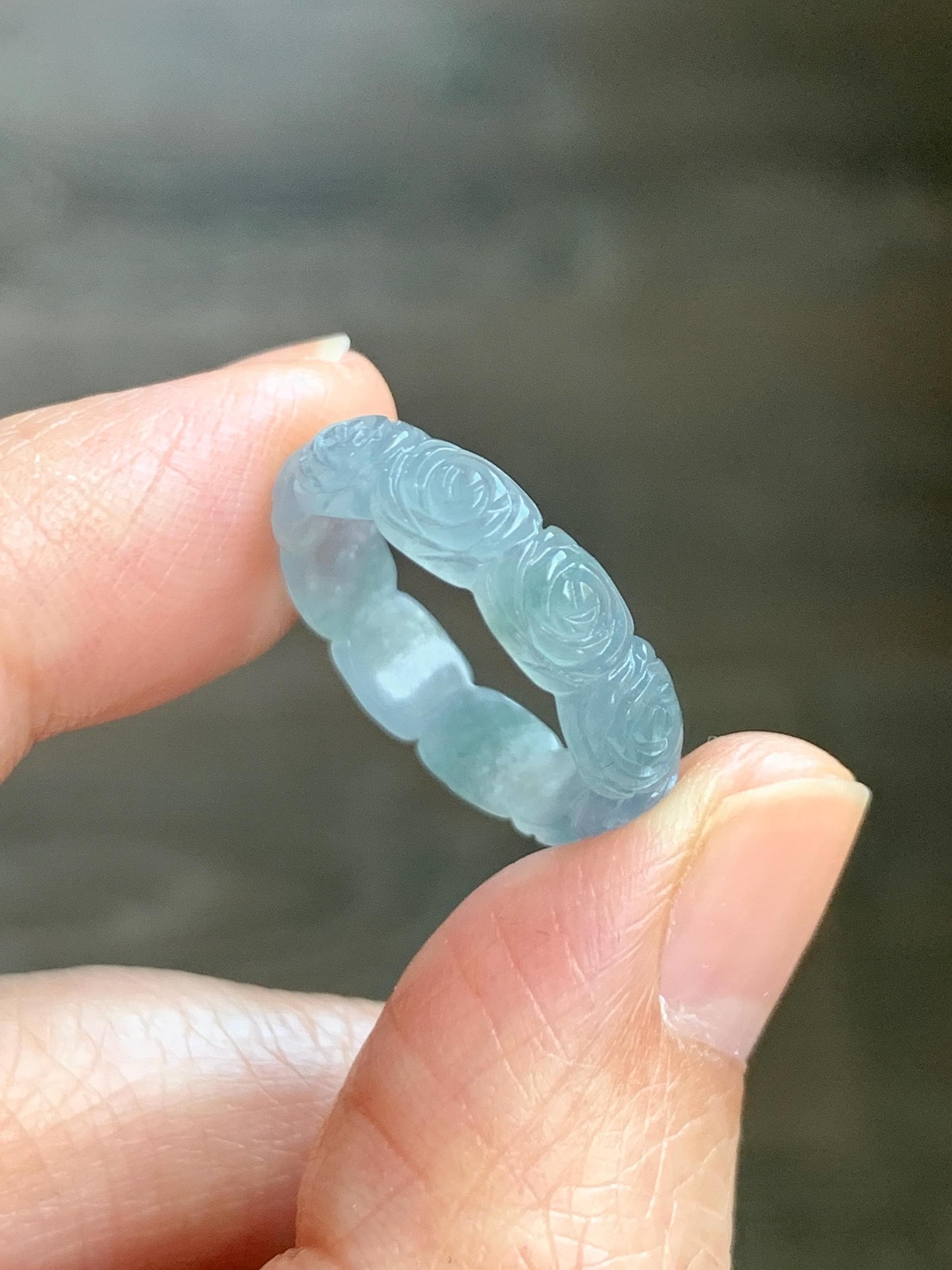 Grade A Natural Guatemalan Icy Highly Translucent Pastel Dusty Blue Jade Jadeite Carved Rose Band Ring Size 6 US 天然冰危浅蓝翡翠玫瑰花戒圈 WQM280A