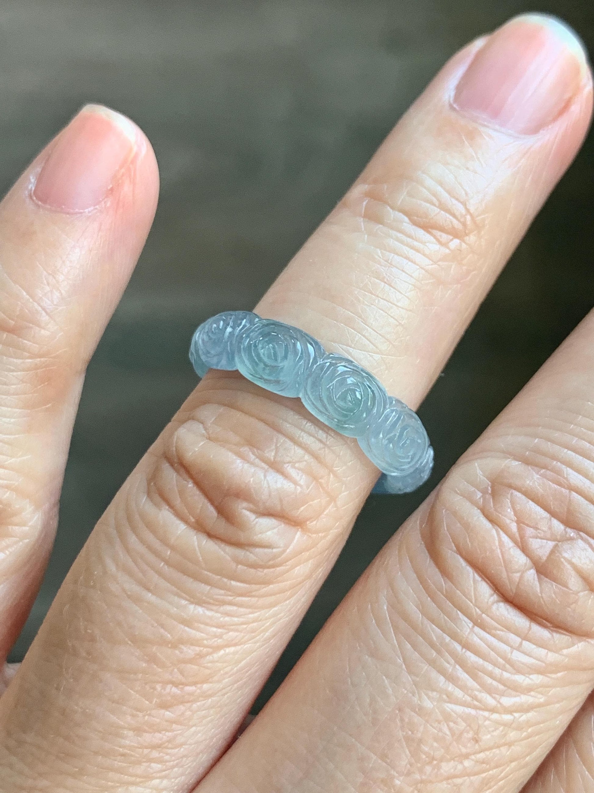Grade A Natural Guatemalan Icy Highly Translucent Pastel Dusty Blue Jade Jadeite Carved Rose Band Ring Size 6 US 天然冰危浅蓝翡翠玫瑰花戒圈 WQM280A