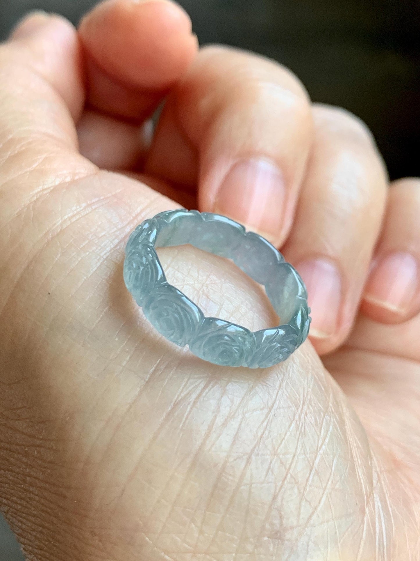 Grade A Natural Guatemalan Icy Highly Translucent Pastel Dusty Blue Jade Jadeite Carved Rose Band Ring Size 6 US 天然冰危浅蓝翡翠玫瑰花戒圈 WQM280A
