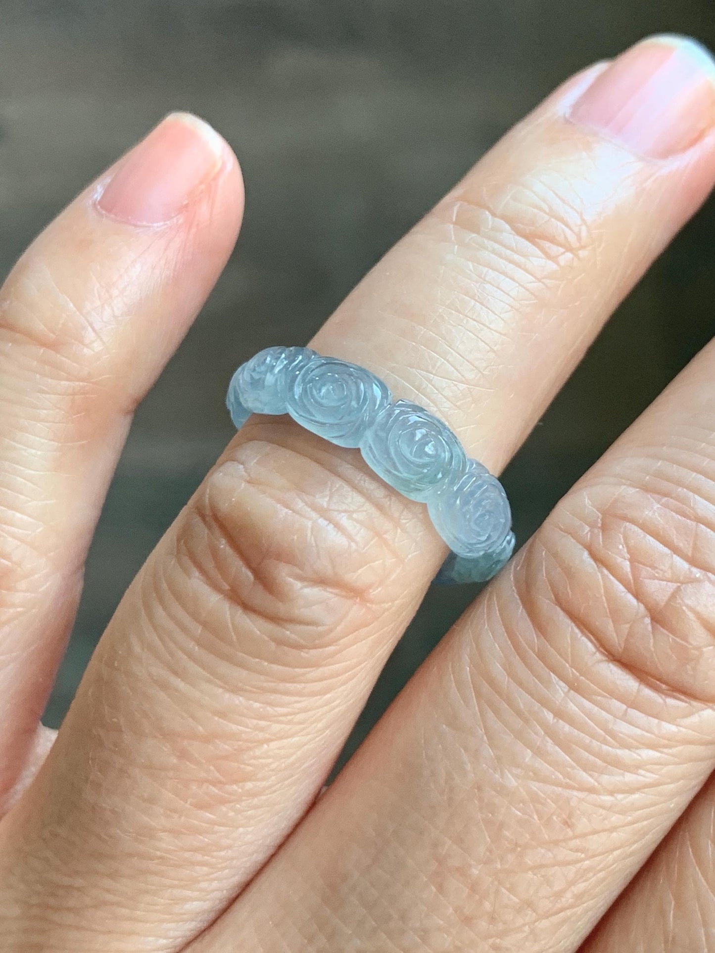 Grade A Natural Guatemalan Icy Highly Translucent Pastel Dusty Blue Jade Jadeite Carved Rose Band Ring Size 6 US 天然冰危浅蓝翡翠玫瑰花戒圈 WQM280A