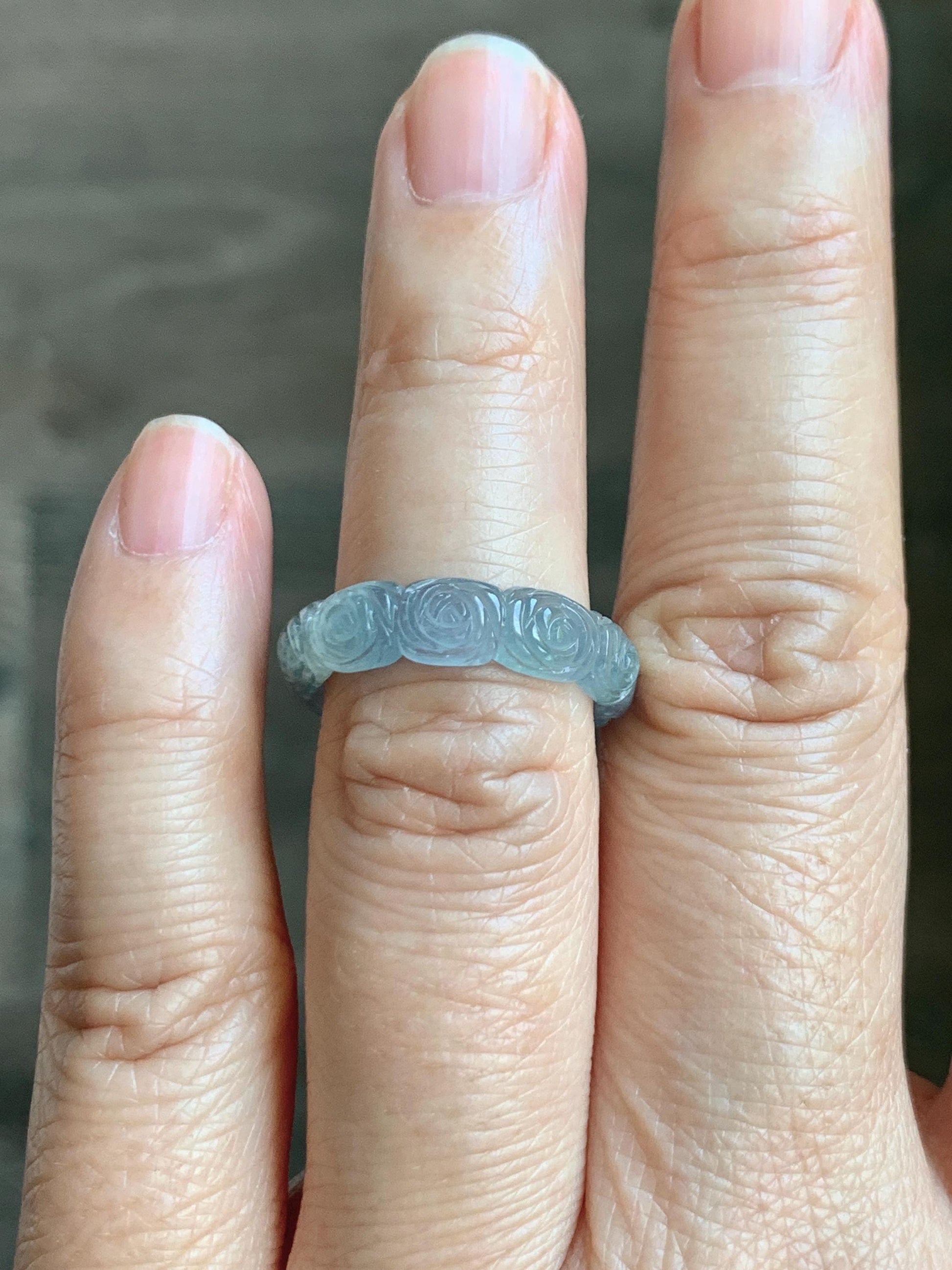 Grade A Natural Guatemalan Icy Highly Translucent Pastel Dusty Blue Jade Jadeite Carved Rose Band Ring Size 6 US 天然冰危浅蓝翡翠玫瑰花戒圈 WQM280A