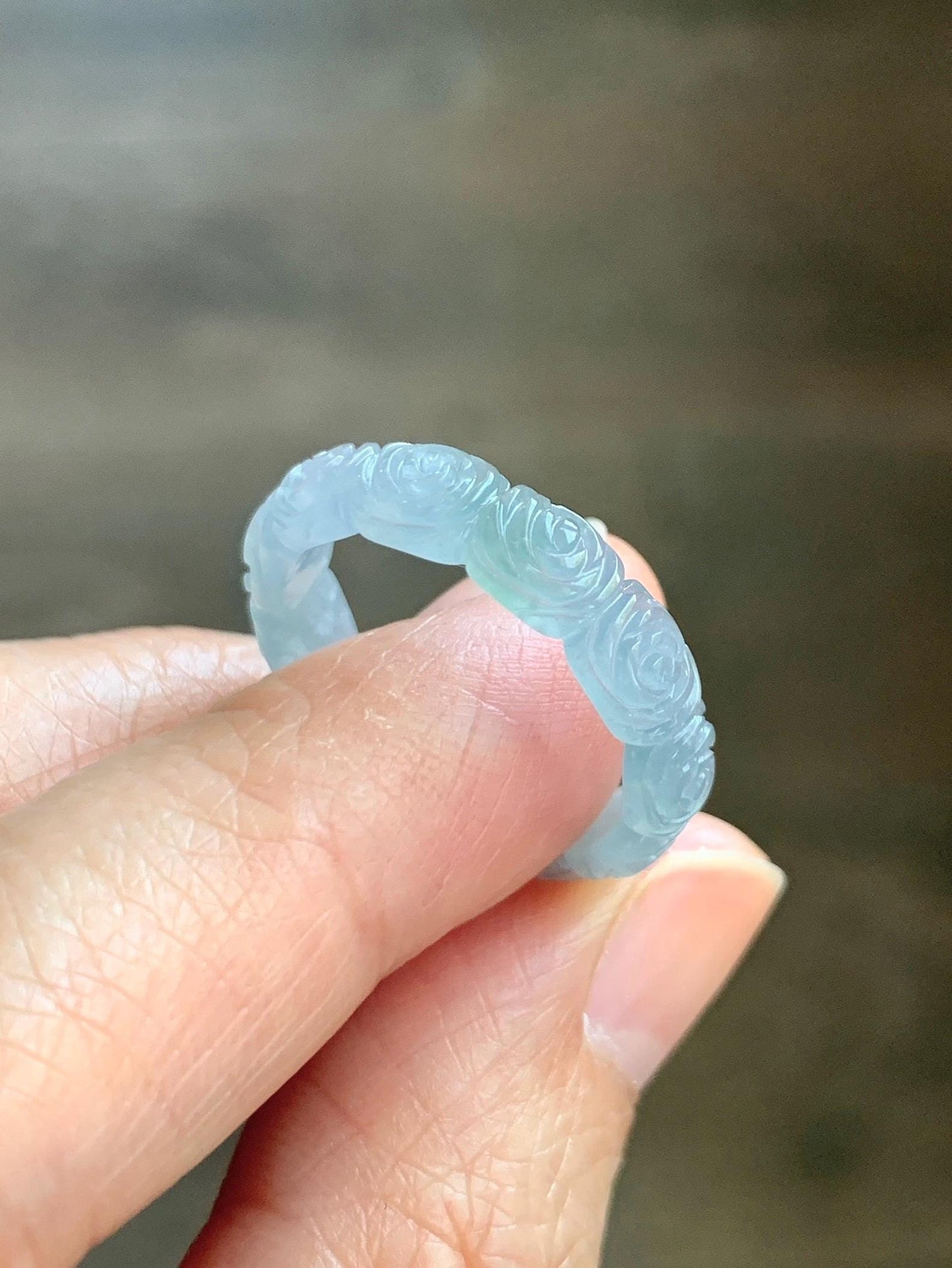 Grade A Natural Guatemalan Icy Highly Translucent Pastel Dusty Blue Jade Jadeite Carved Rose Band Ring Size 7.75 US 天然冰危浅蓝翡翠玫瑰花戒圈 WQM280B