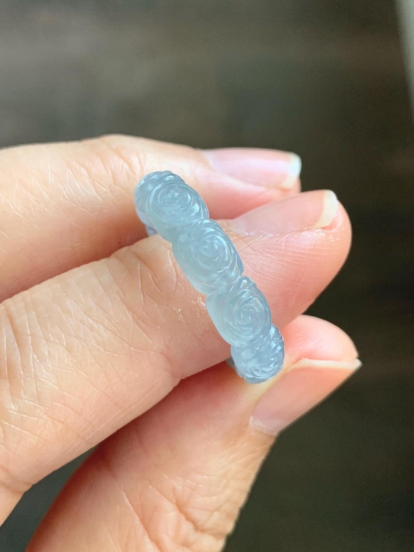 Grade A Natural Guatemalan Icy Highly Translucent Pastel Dusty Blue Jade Jadeite Carved Rose Band Ring Size 7.75 US 天然冰危浅蓝翡翠玫瑰花戒圈 WQM280B