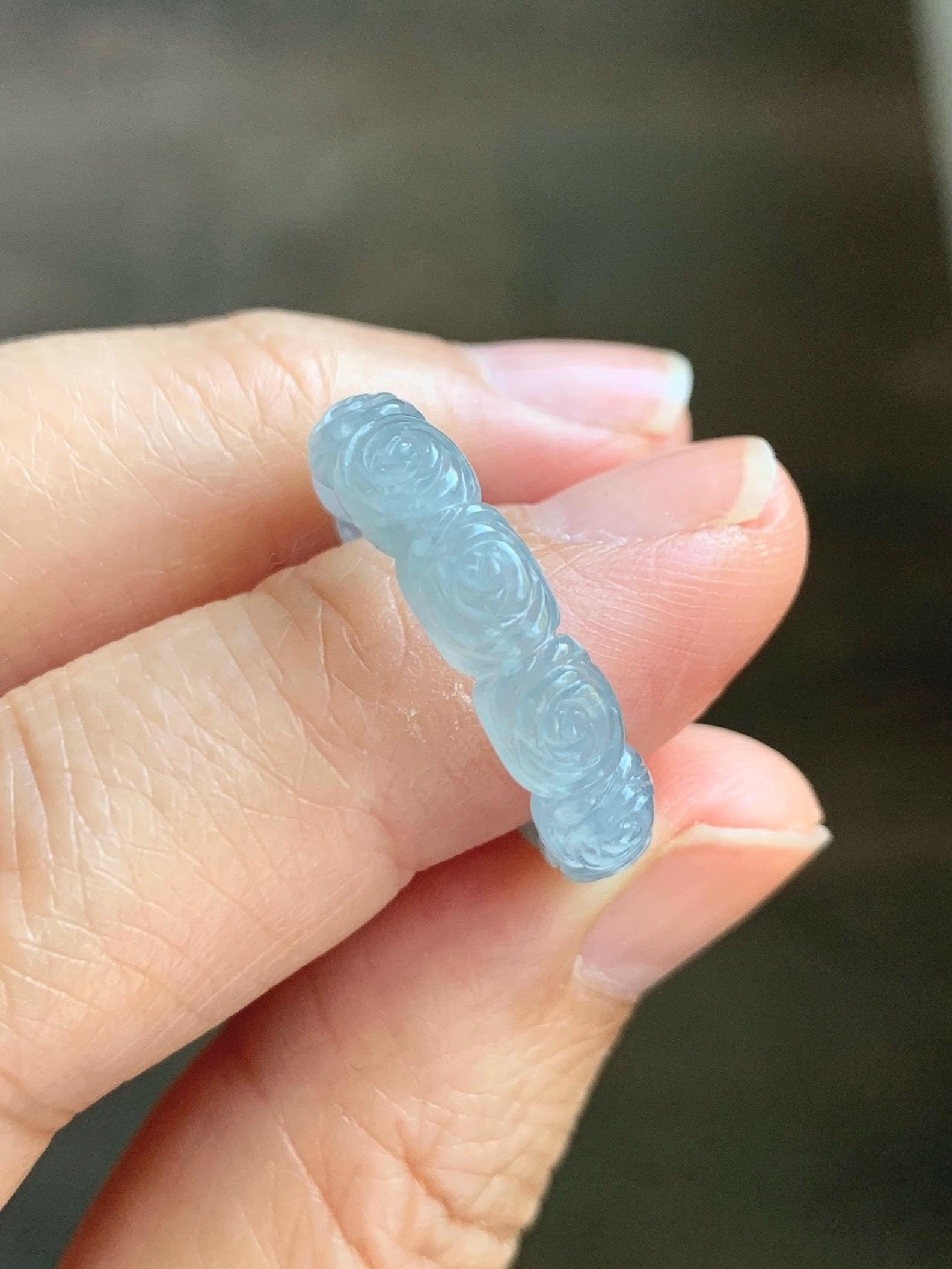 Grade A Natural Guatemalan Icy Highly Translucent Pastel Dusty Blue Jade Jadeite Carved Rose Band Ring Size 7.75 US 天然冰危浅蓝翡翠玫瑰花戒圈 WQM280B