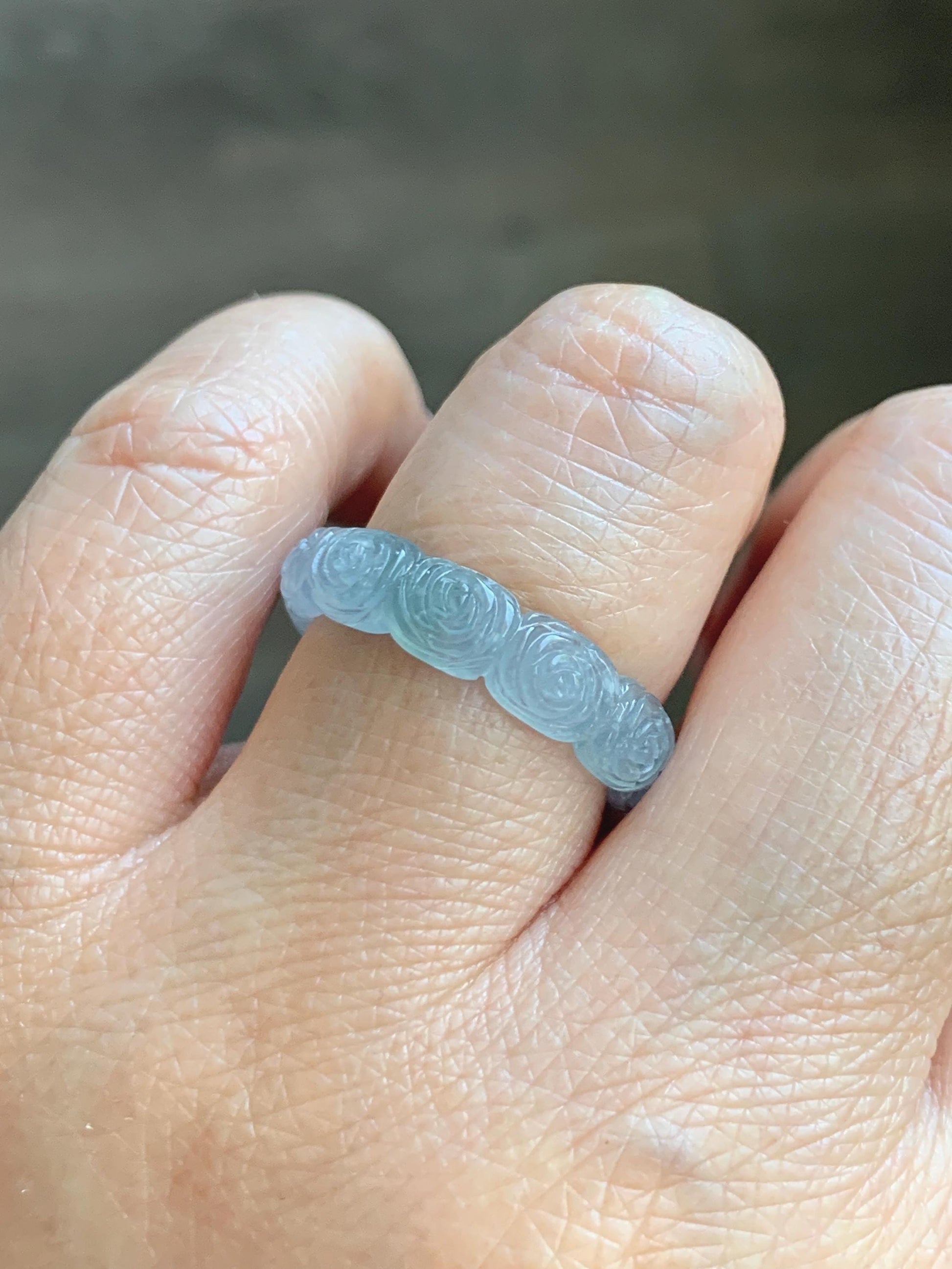 Grade A Natural Guatemalan Icy Highly Translucent Pastel Dusty Blue Jade Jadeite Carved Rose Band Ring Size 7.75 US 天然冰危浅蓝翡翠玫瑰花戒圈 WQM280B