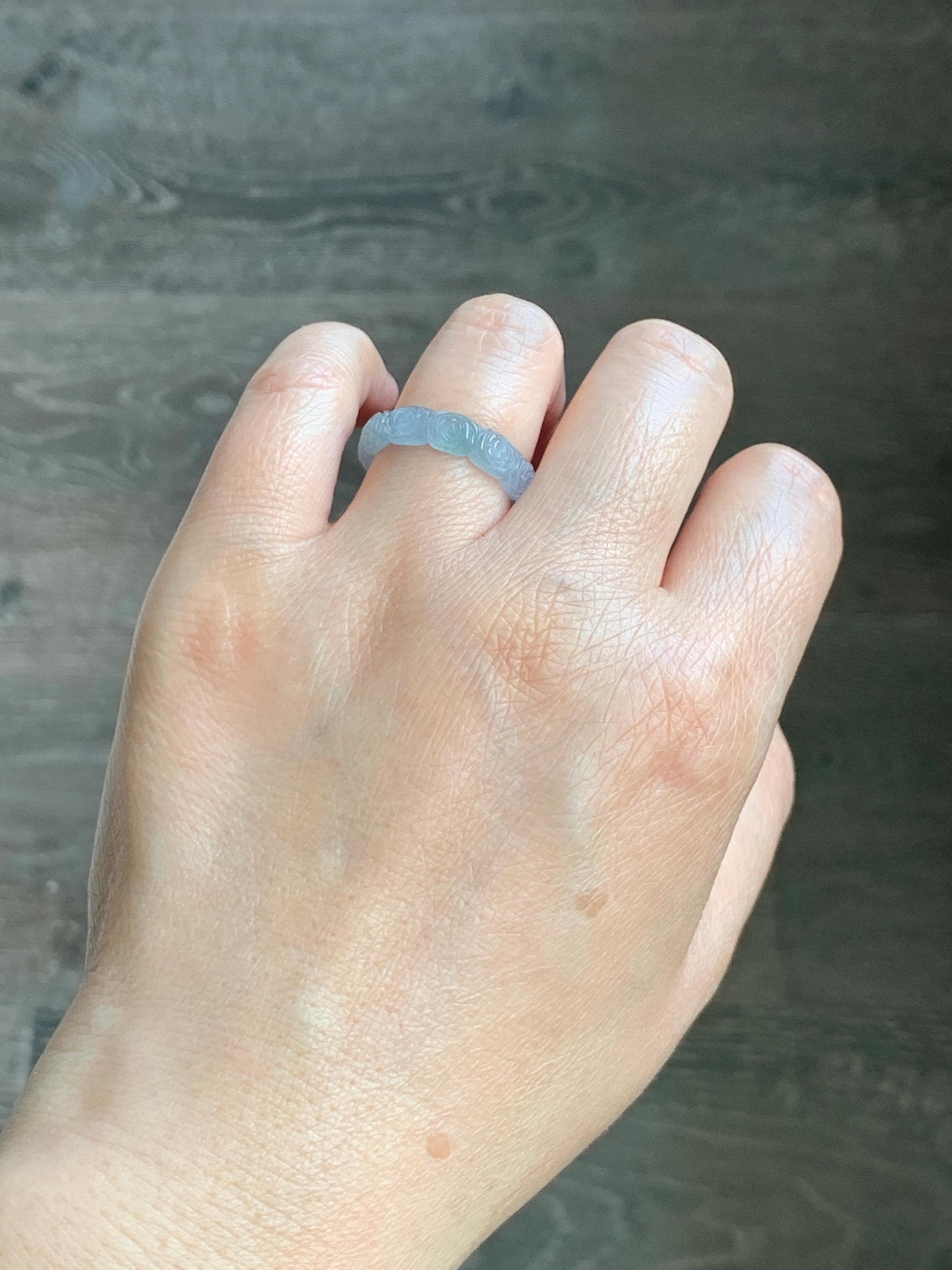 Grade A Natural Guatemalan Icy Highly Translucent Pastel Dusty Blue Jade Jadeite Carved Rose Band Ring Size 7.75 US 天然冰危浅蓝翡翠玫瑰花戒圈 WQM280B