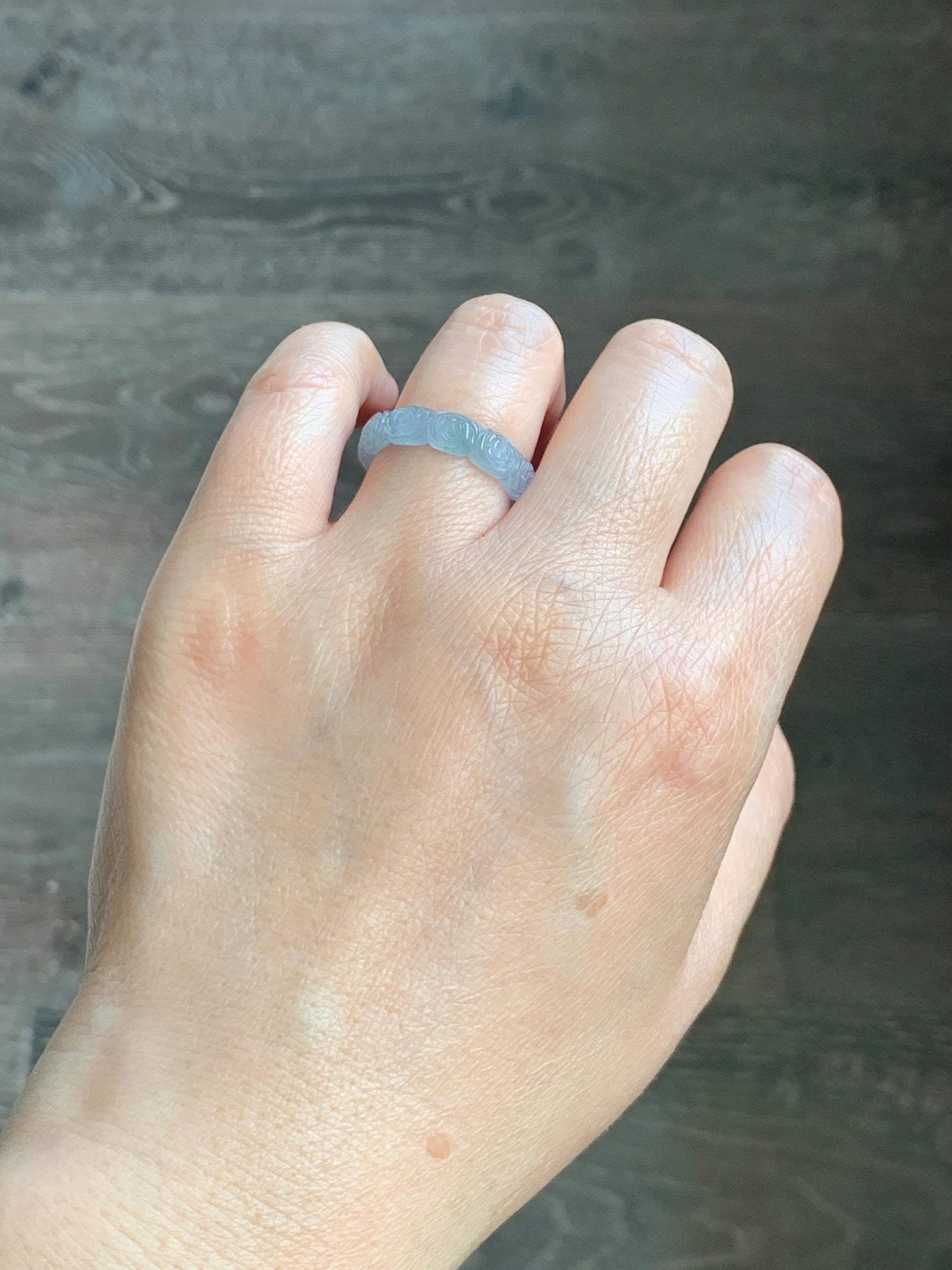Grade A Natural Guatemalan Icy Highly Translucent Pastel Dusty Blue Jade Jadeite Carved Rose Band Ring Size 7.75 US 天然冰危浅蓝翡翠玫瑰花戒圈 WQM280B