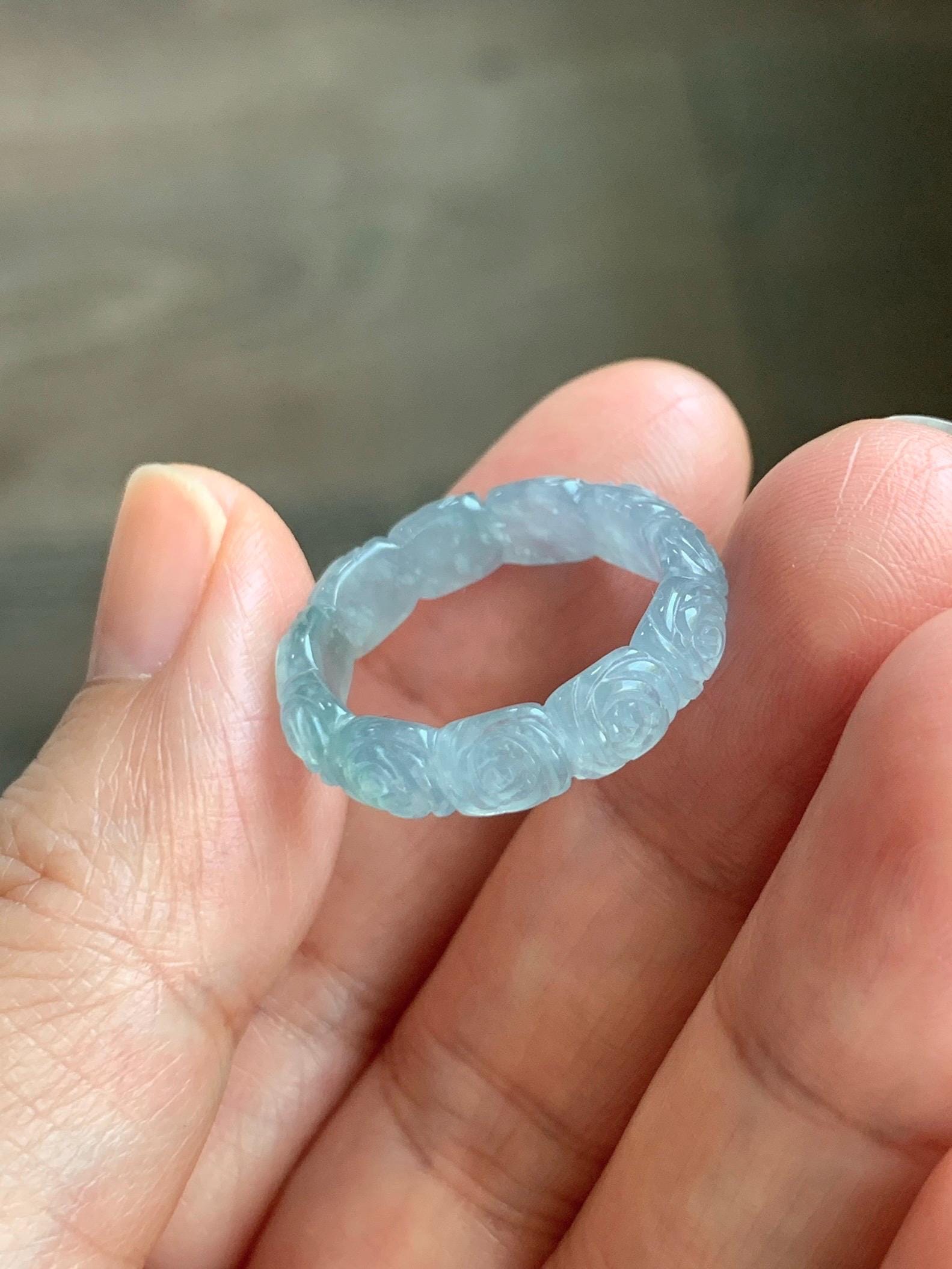 Grade A Natural Guatemalan Icy Highly Translucent Pastel Dusty Blue Jade Jadeite Carved Rose Band Ring Size 7.25 US 天然冰危浅蓝翡翠玫瑰花戒圈 WQM280C