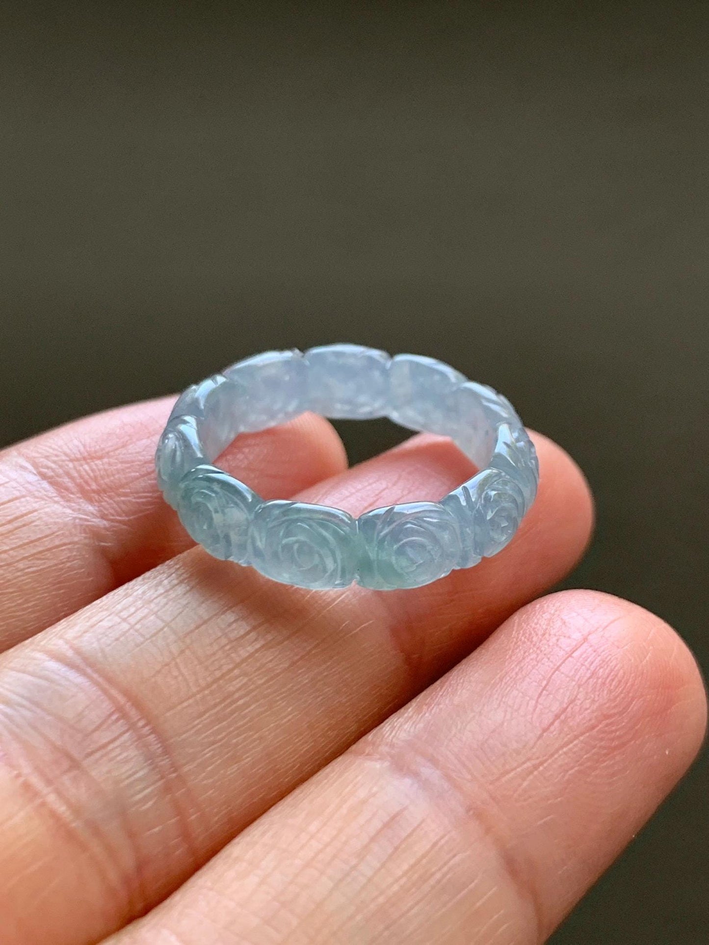 Grade A Natural Guatemalan Icy Highly Translucent Pastel Dusty Blue Jade Jadeite Carved Rose Band Ring Size 7.25 US 天然冰危浅蓝翡翠玫瑰花戒圈 WQM280C