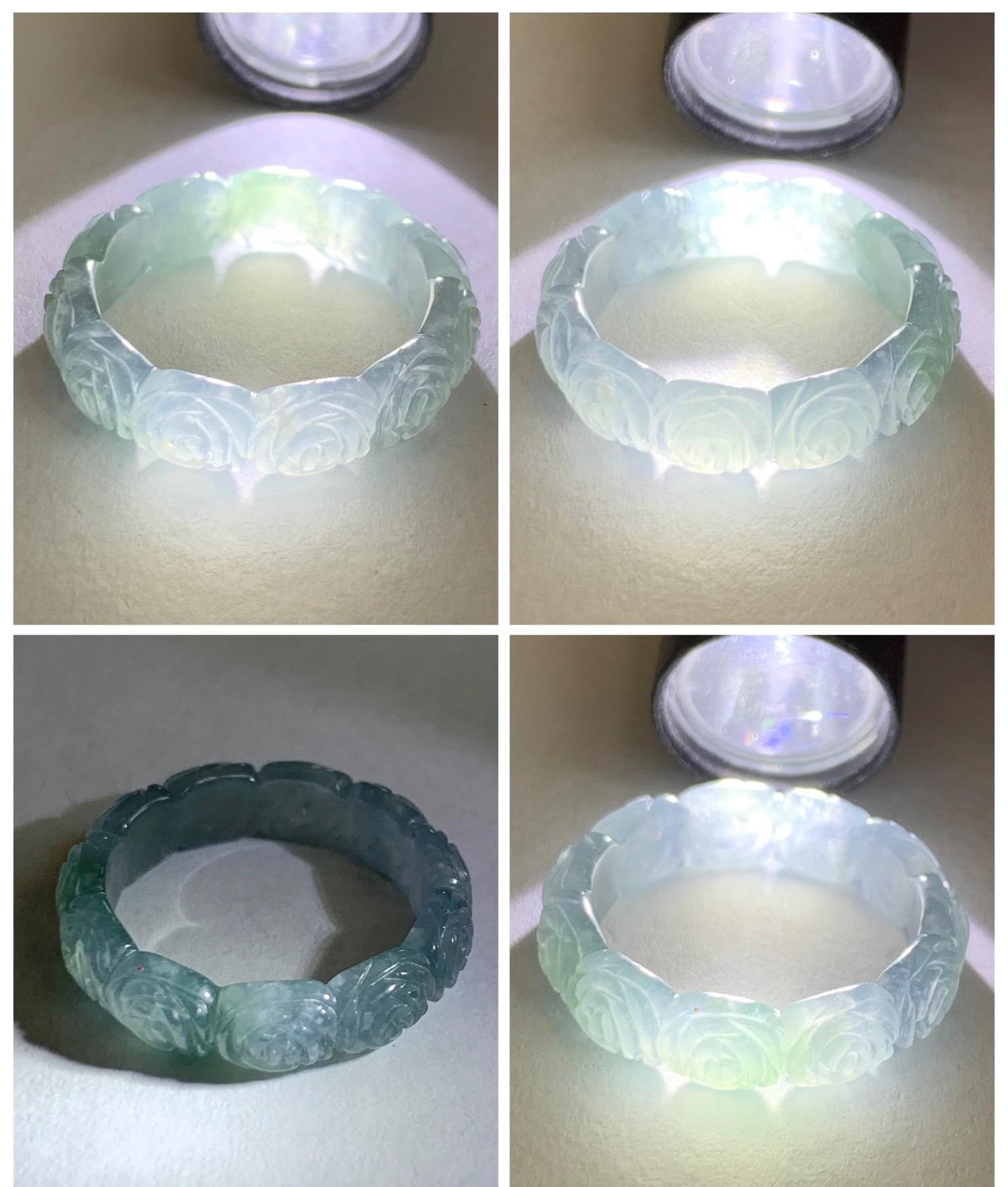 Grade A Natural Guatemalan Icy Highly Translucent Pastel Dusty Blue Jade Jadeite Carved Rose Band Ring Size 7.25 US 天然冰危浅蓝翡翠玫瑰花戒圈 WQM280C