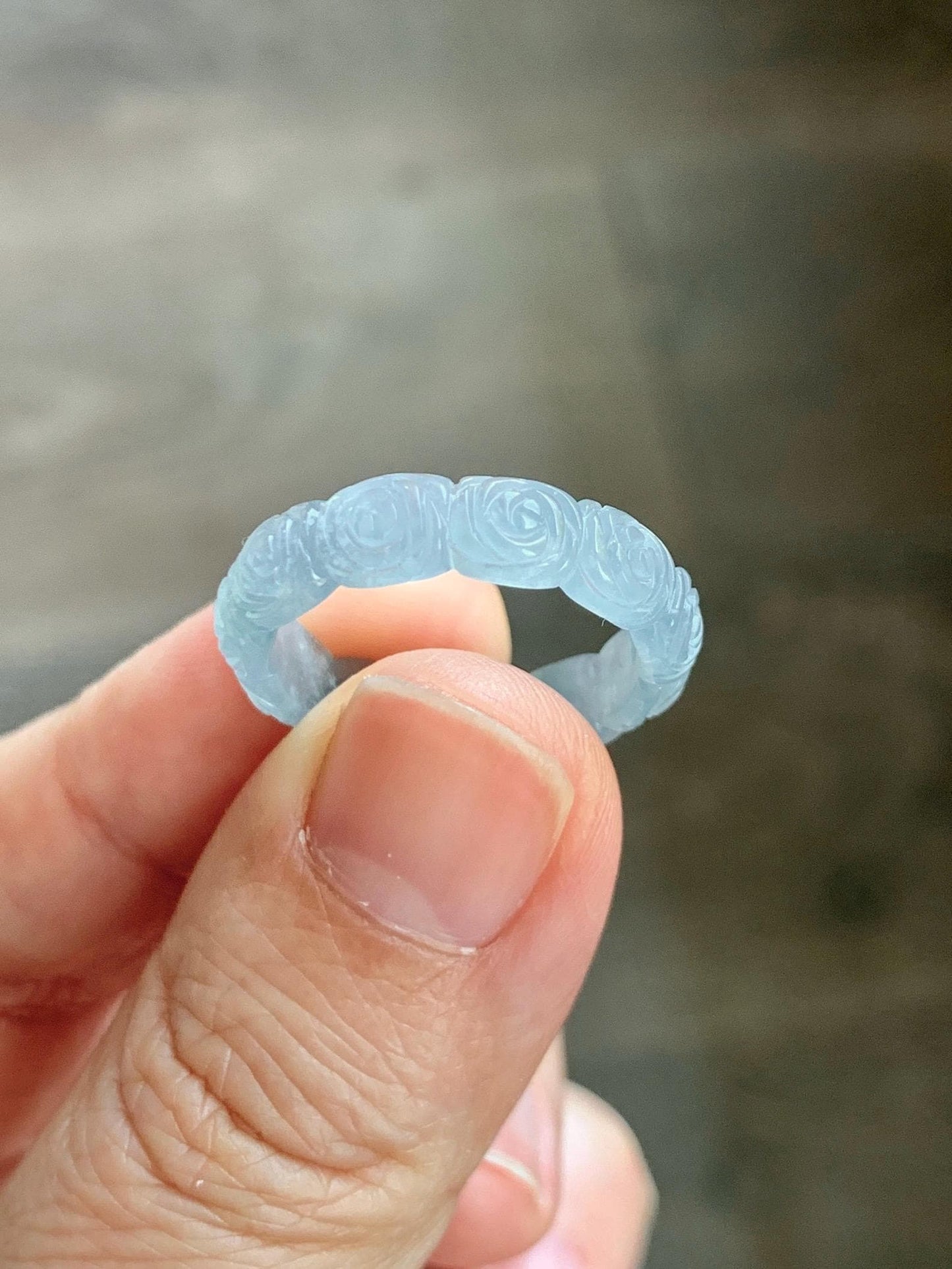 Grade A Natural Guatemalan Icy Highly Translucent Pastel Dusty Blue Jade Jadeite Carved Rose Band Ring Size 7.25 US 天然冰危浅蓝翡翠玫瑰花戒圈 WQM280C