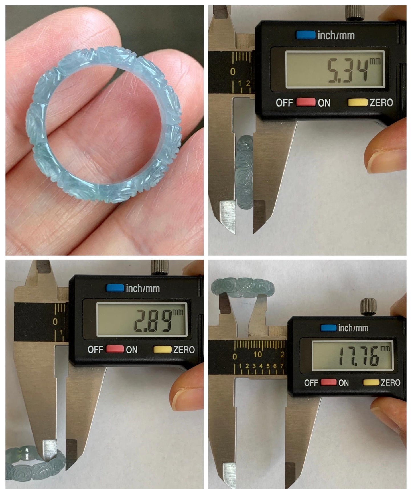 Grade A Natural Guatemalan Icy Highly Translucent Pastel Dusty Blue Jade Jadeite Carved Rose Band Ring Size 7.25 US 天然冰危浅蓝翡翠玫瑰花戒圈 WQM280C