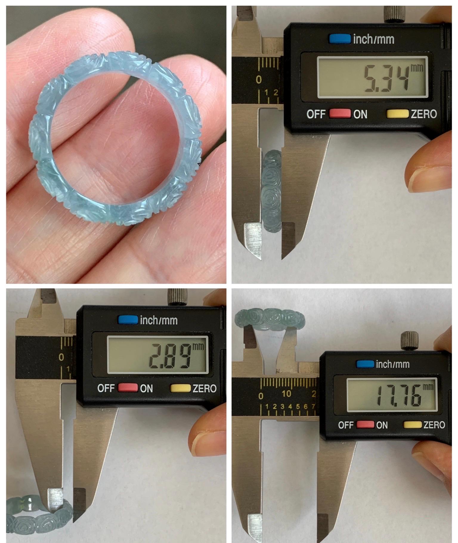 Grade A Natural Guatemalan Icy Highly Translucent Pastel Dusty Blue Jade Jadeite Carved Rose Band Ring Size 7.25 US 天然冰危浅蓝翡翠玫瑰花戒圈 WQM280C
