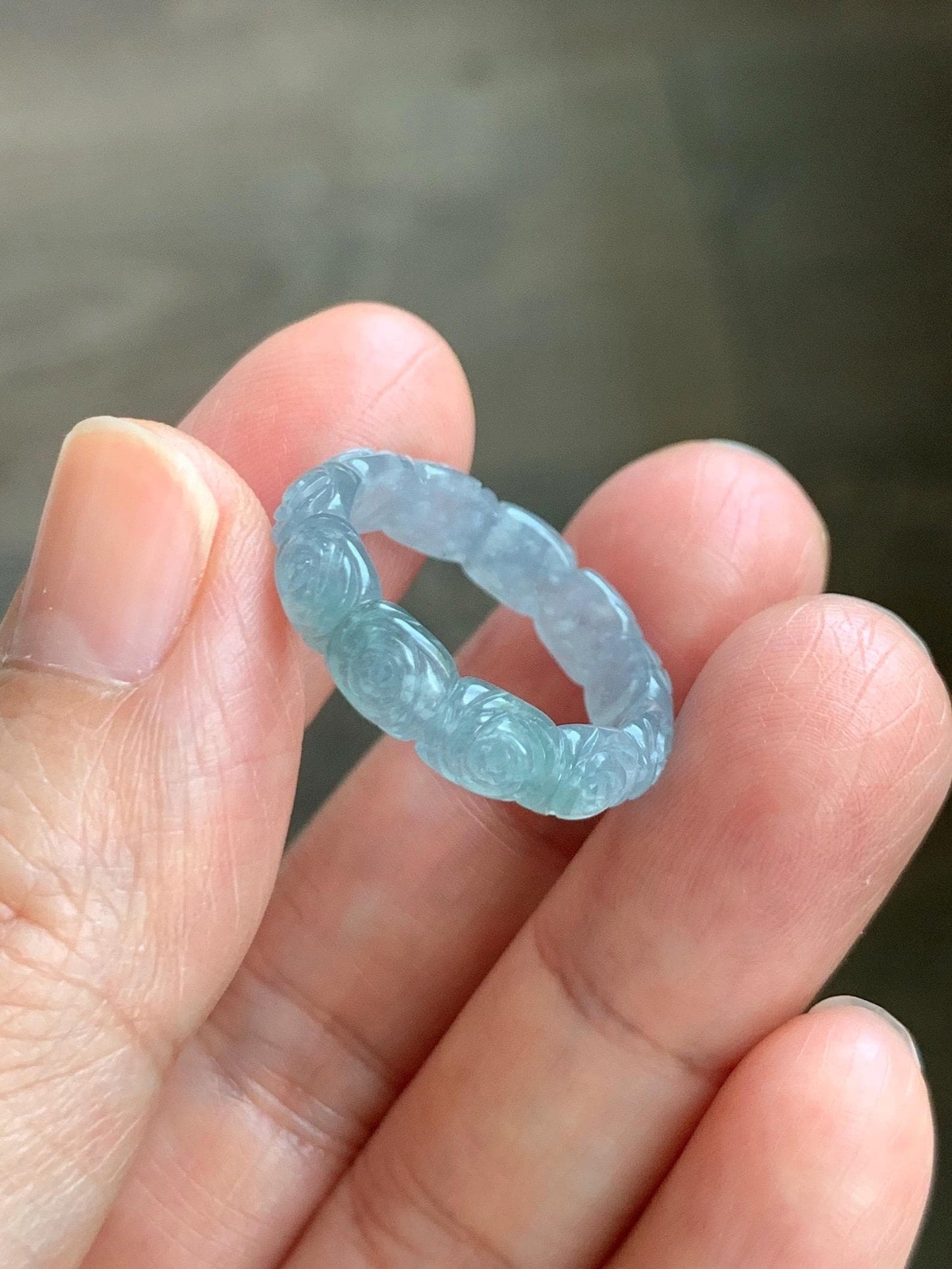 Grade A Natural Guatemalan Icy Highly Translucent Pastel Dusty Blue Jade Jadeite Carved Rose Band Ring Size 7.25 US 天然冰危浅蓝翡翠玫瑰花戒圈 WQM280C