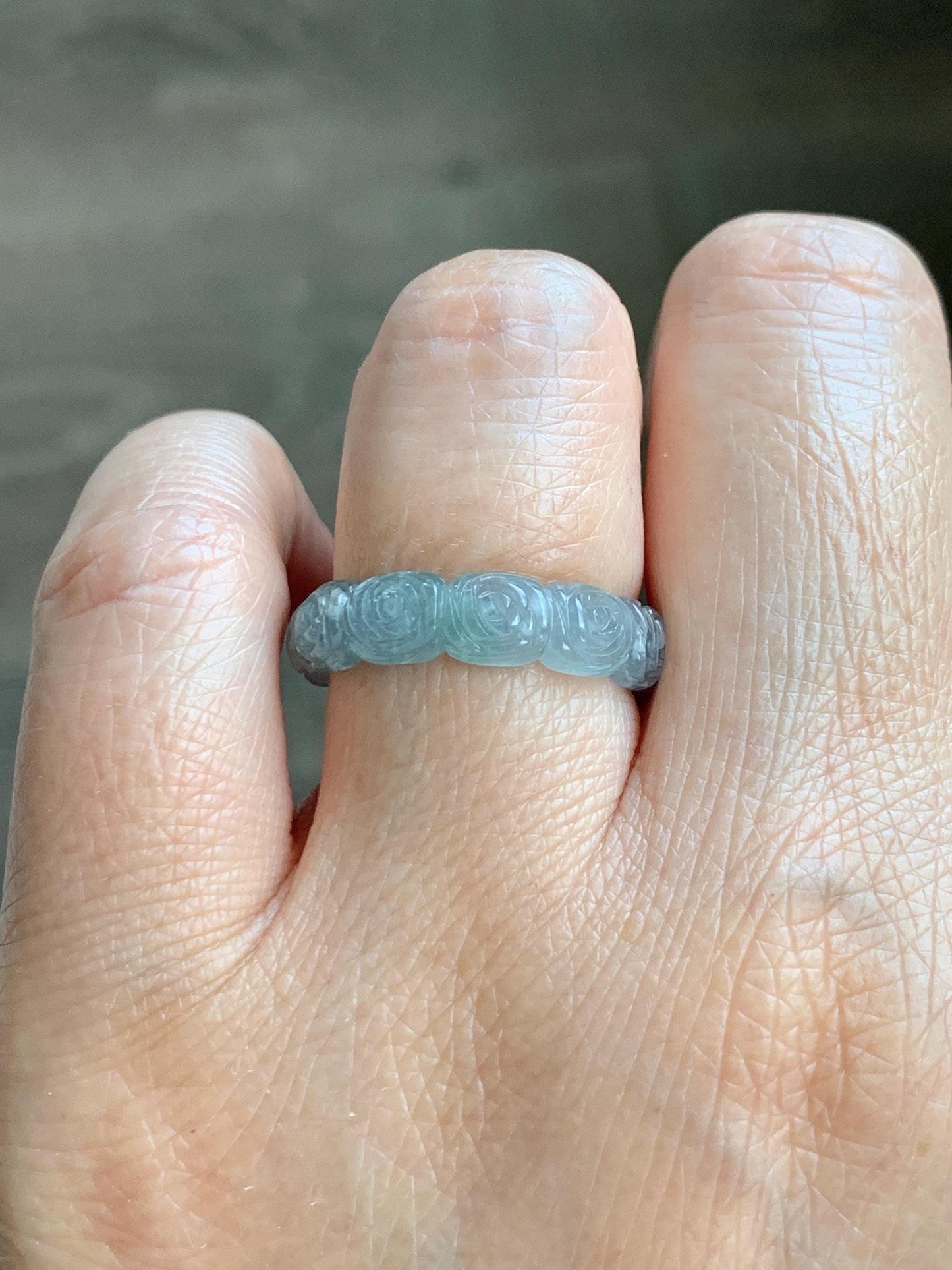 Grade A Natural Guatemalan Icy Highly Translucent Pastel Dusty Blue Jade Jadeite Carved Rose Band Ring Size 7.25 US 天然冰危浅蓝翡翠玫瑰花戒圈 WQM280C