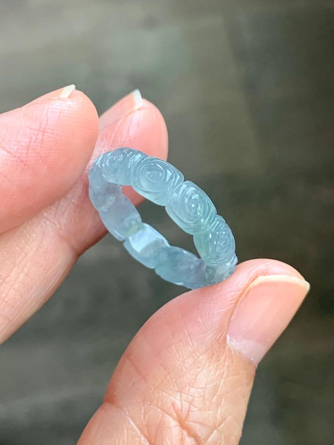 Grade A Natural Guatemalan Icy Highly Translucent Pastel Dusty Blue Jade Jadeite Carved Rose Band Ring Size 7.25 US 天然冰危浅蓝翡翠玫瑰花戒圈 WQM280C
