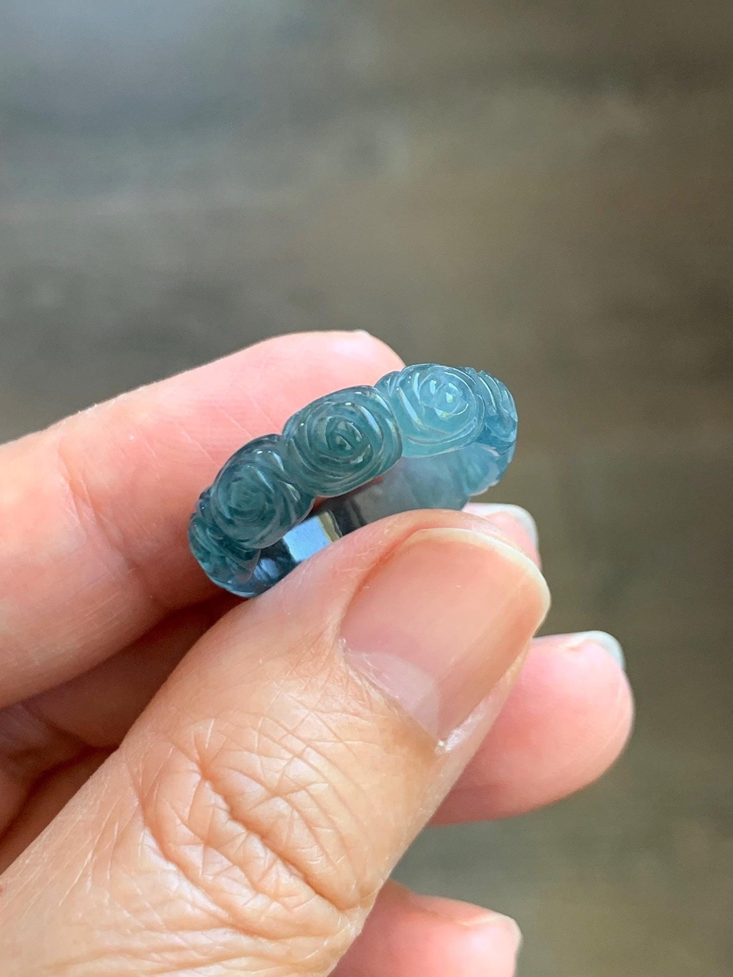 Grade A Natural Guatemalan Icy Highly Translucent Dark Teal Blue Jade Jadeite Carved Rose Band Ring Size 6.5 US 天然冰危深蓝翡翠玫瑰花戒圈 WSM280D